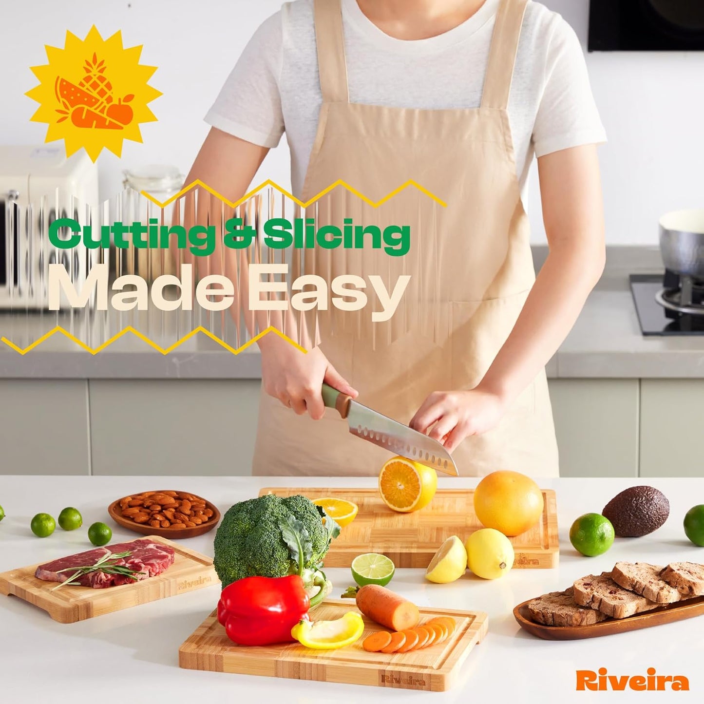 Riveira Bamboo End Grain Wood Cutting Board – Gourmet Bamboo Grandeur: 8 x 8 Wooden Cutting Board – Wooden Cutting Boards For Kitchen Decorative – Innovative Juice Grooves