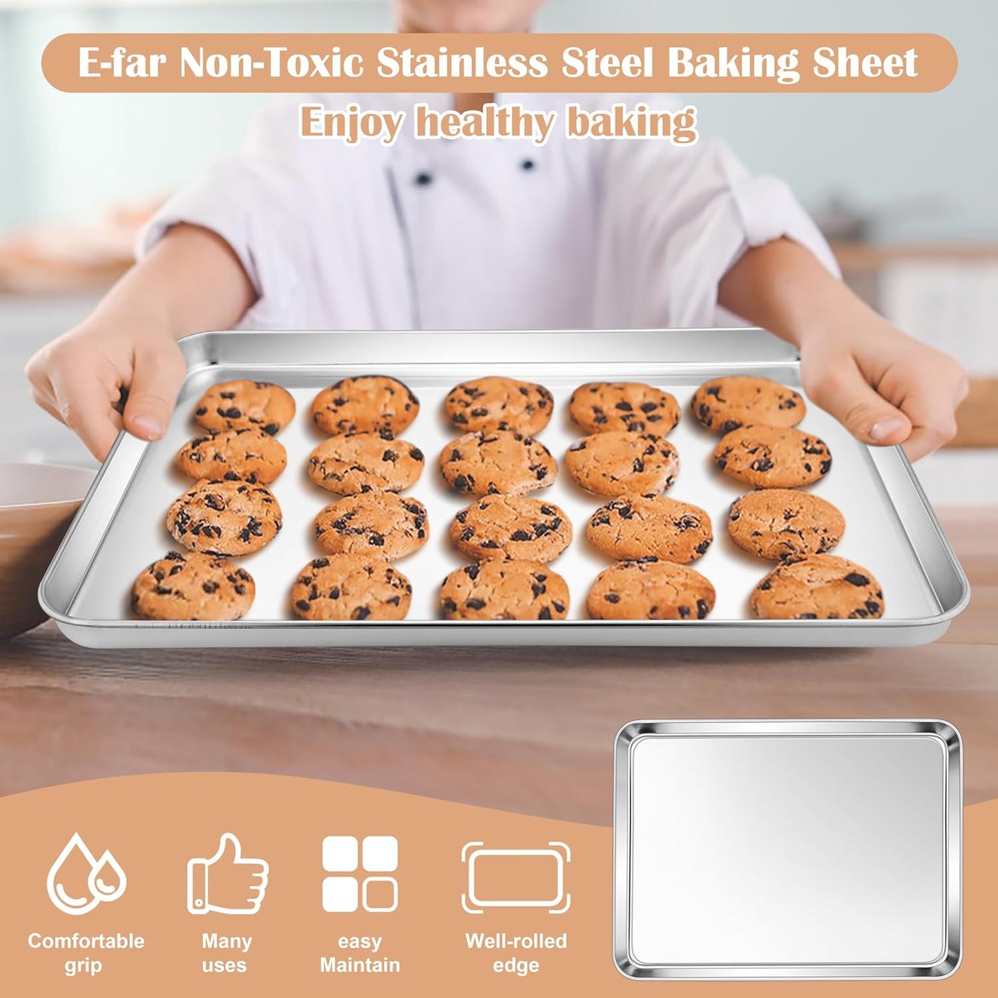 E-far Stainless Steel Baking Sheet, 16” x12” x 1” Baking Cookie Sheet Pan for Oven, Non-toxic Metal Trays for Baking Cake Cookie, Healthy & Rust Free, Mirror Finish & Dishwasher Safe, 1 Pack