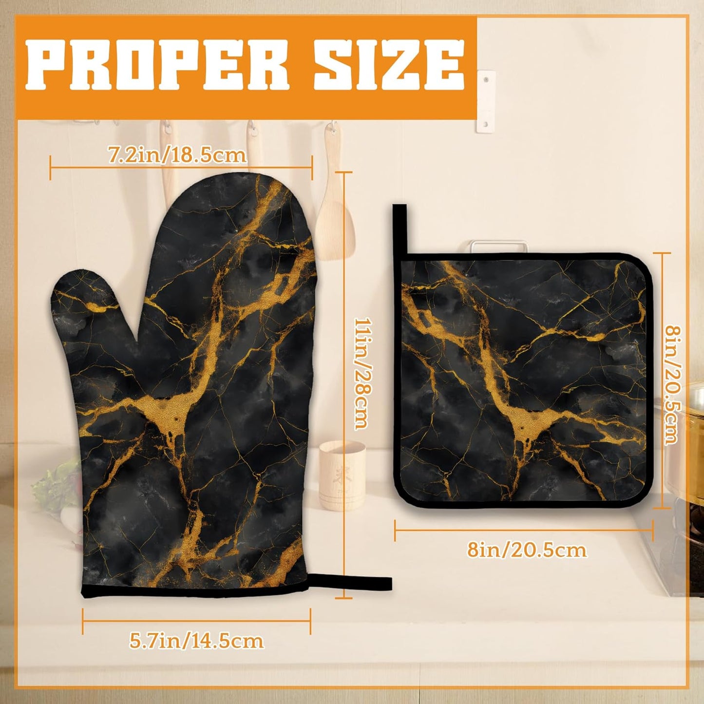 Marble Oven Mitts and Pot Holders Set,Black Gold Marble Kitchen Decor Heat Resistant Non Slip Hot Pads and Oven Mitt for Chef Cooking Baking BBQ Mom Girl Gifts(4 Piece Set)