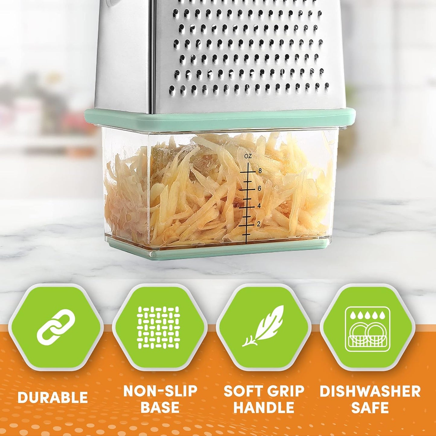 Spring Chef Professional 10" Parmesan Cheese Grater With Container, Stainless Steel & Soft Grip Handle, Handheld Kitchen Cheese Shredder, Box Grater with 4 Sides for Potato, Carrot, Veggie - Mint