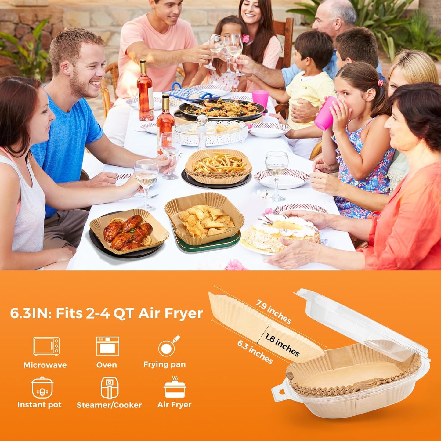 Air Fryer Paper Liners, 50 PCS Air Fryer Liners Disposable, 6.3" Square Parchment Paper Sheets for 2-4 qt Airfryer Basket, Non-stick and Oil Proof Baking Liner for Oven, Pans