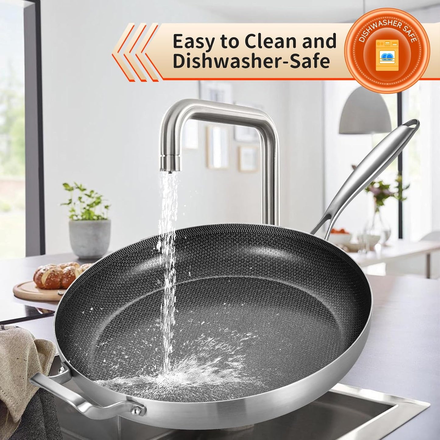 Inqibee 14-Inch Tri-Ply Hybrid Ceramic Non stick Stainless Steel Frying Pan with Lid,Large Skillet,Induction Chef's Cooking Pan,Dishwasher and Oven Safe,Detachable Handle