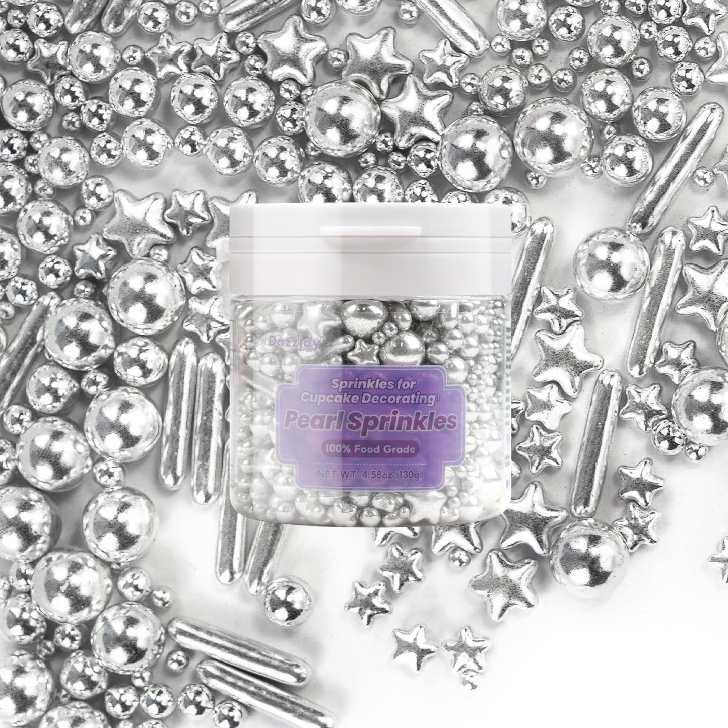 Dazzjoy Edible Silver Star Pearl Sprinkles, Ball Sugar Candy, Edible Silver Pearls for Cake Sprinkles, 130g/4.58oz, Cupcake & Cookies Topper Decoration, Wedding Party Halloween Christmas Supplies