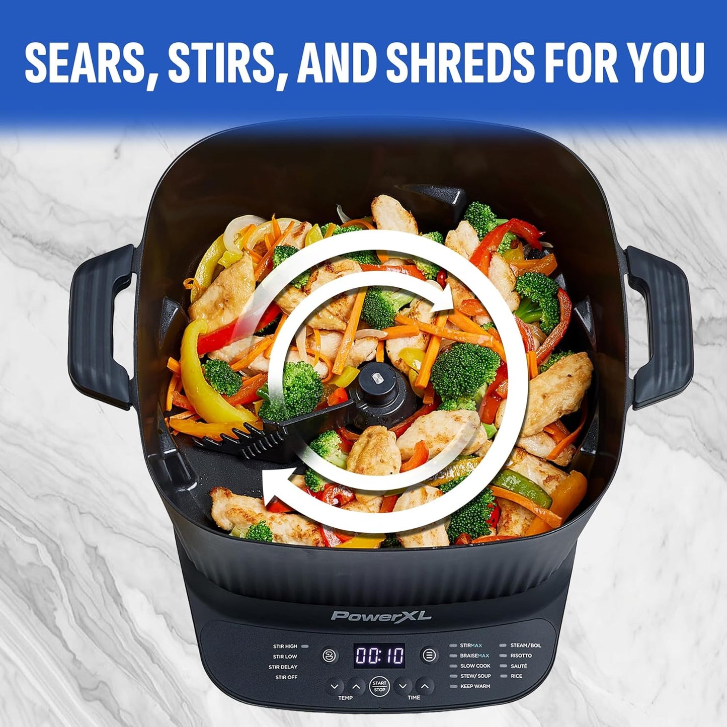 STIRMAX DELUXE 7.5 Quart Digital Multi-Cooker with Automatic Paddle to Stir and Shred, 9 in 1 programmable presets to Sauté, Sear, and Brown Food Before Simmering – Accessories, Skillet, & Cookbook