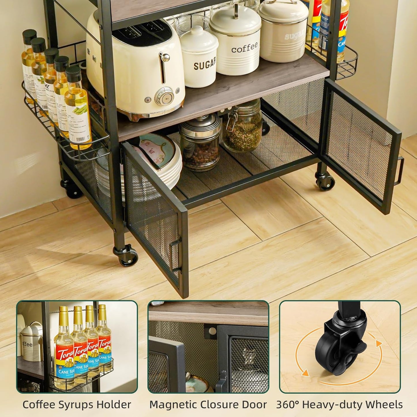 Coffee Bar Cabinet with Storage, Coffee Cart with Wheels, Coffee Station with Coffee Bar Sign and Mug Hook, Corner Coffee Bar Table with Drawer, Bakers Rack for Kitchen Dining Room Living Room Nook