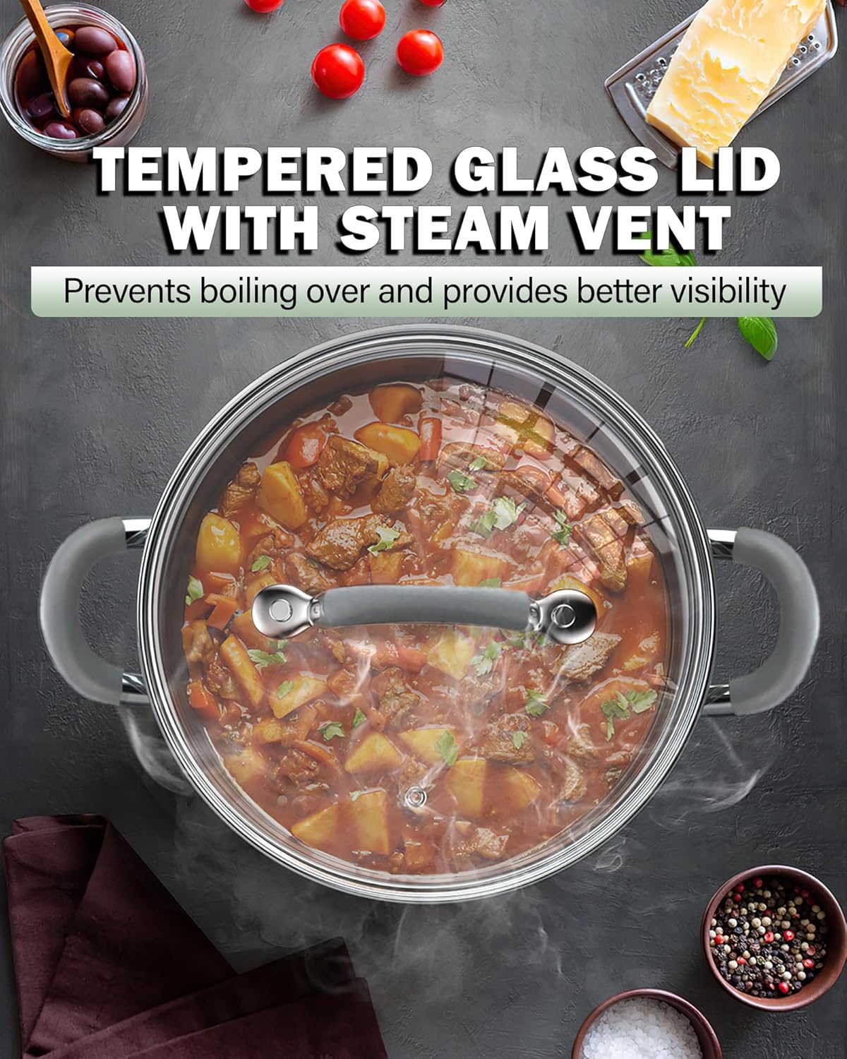 Cook N Home Kitchen Cookware Set, 12-Piece Basics Stainless Steel Pots and Pans Set with Grey Silicone Handle, Silver