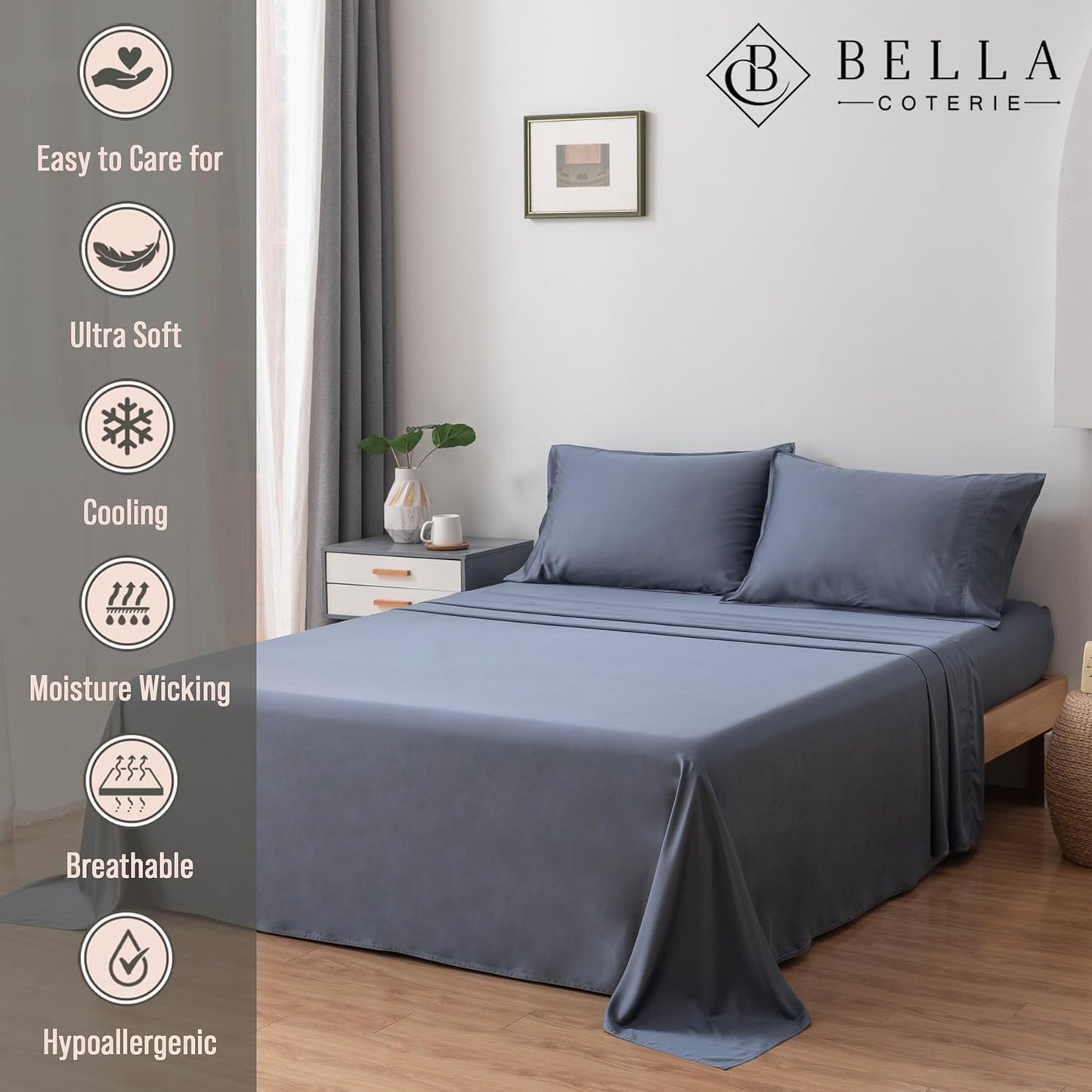 Bella Coterie Luxury Bamboo Viscose Cal King Size Sheet Set | 100% Organically Grown | Ultra Soft | Cooling for Hot Sleepers | 18" Deep Pocket [Slate Blue]