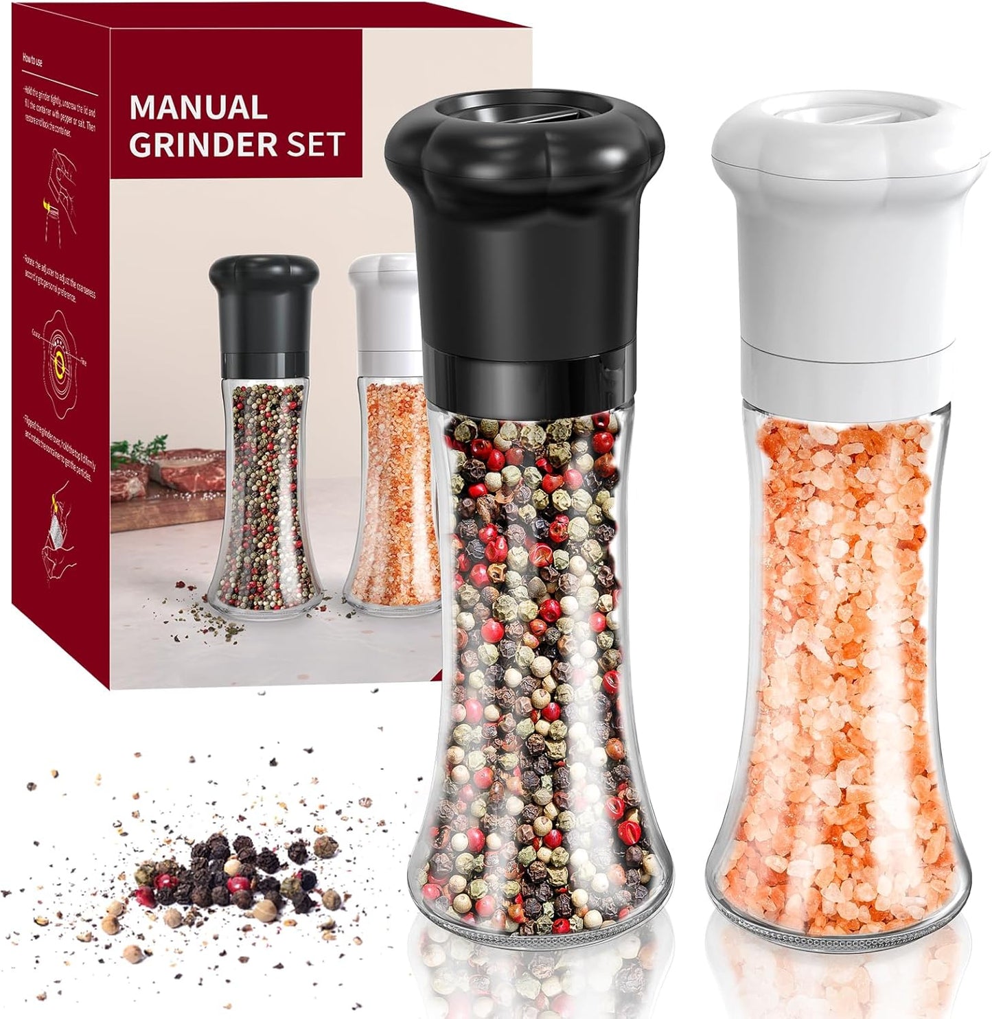 CIRCLE JOY Manual Salt and Pepper Grinder Set For Professional Chef, Refillable Salt and Pepper Shakers with Ceramic Blades, Adjustable Coarseness and BPA-free 180ml Glass Container, Tall Black White