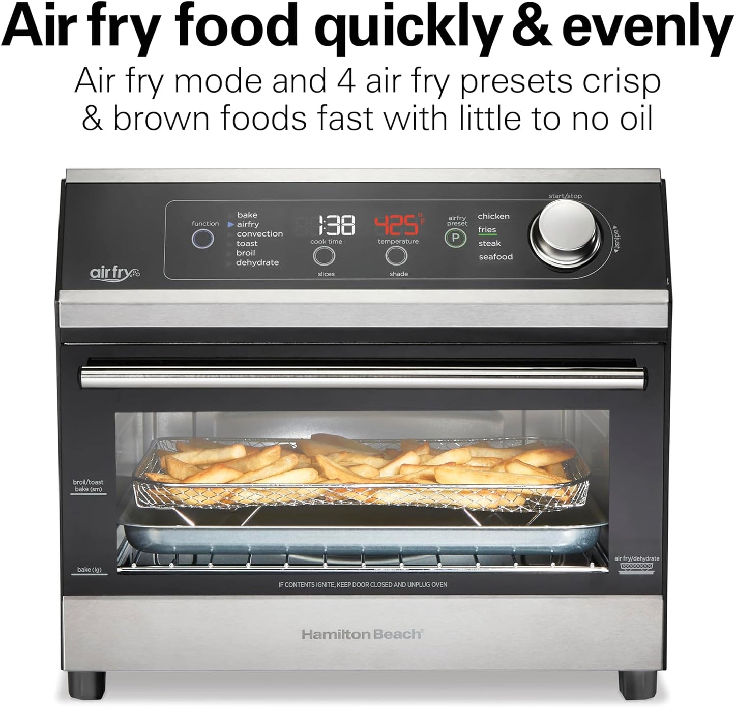 Hamilton Beach Digital Air Fryer Toaster Oven Combo, 10 Ways to Cook, 4 Preset Functions, Stay On & 1800 Watts, LED Capacitive-Touch Controls, 2 Rack Positions, Fits 12” Pizza, Black & Stainless Steel