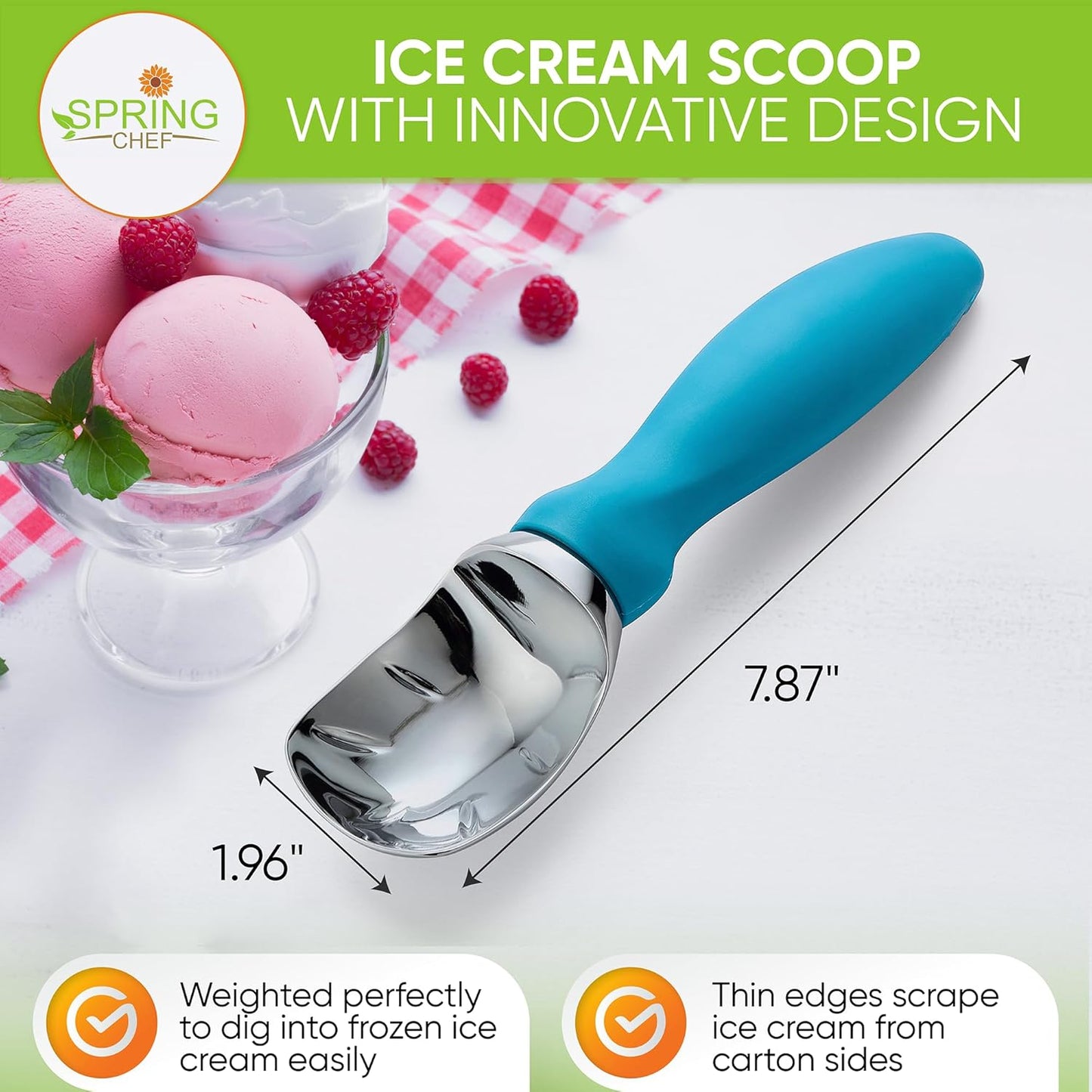 Spring Chef Ice Cream Scoop with Comfortable Handle, Professional Heavy Duty Sturdy Scooper, Premium Kitchen Tool for Cookie Dough, Gelato, Sorbet, Teal