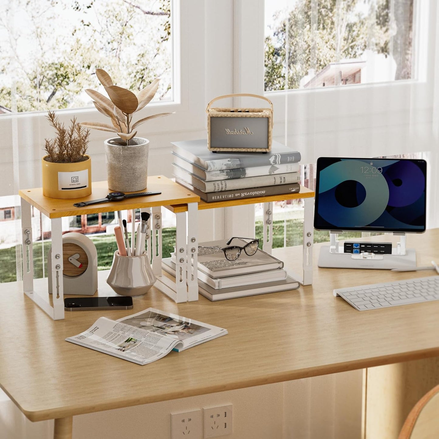 Expandable Kitchen Cabinet Organizer Shelves – Stackable Adjustable Metal and Wood Storage Racks for Countertop, Pantry, Garage Set of 2 Spice Rack – Easy Assembly, Space-Saving(2 Packs/Medium/White)