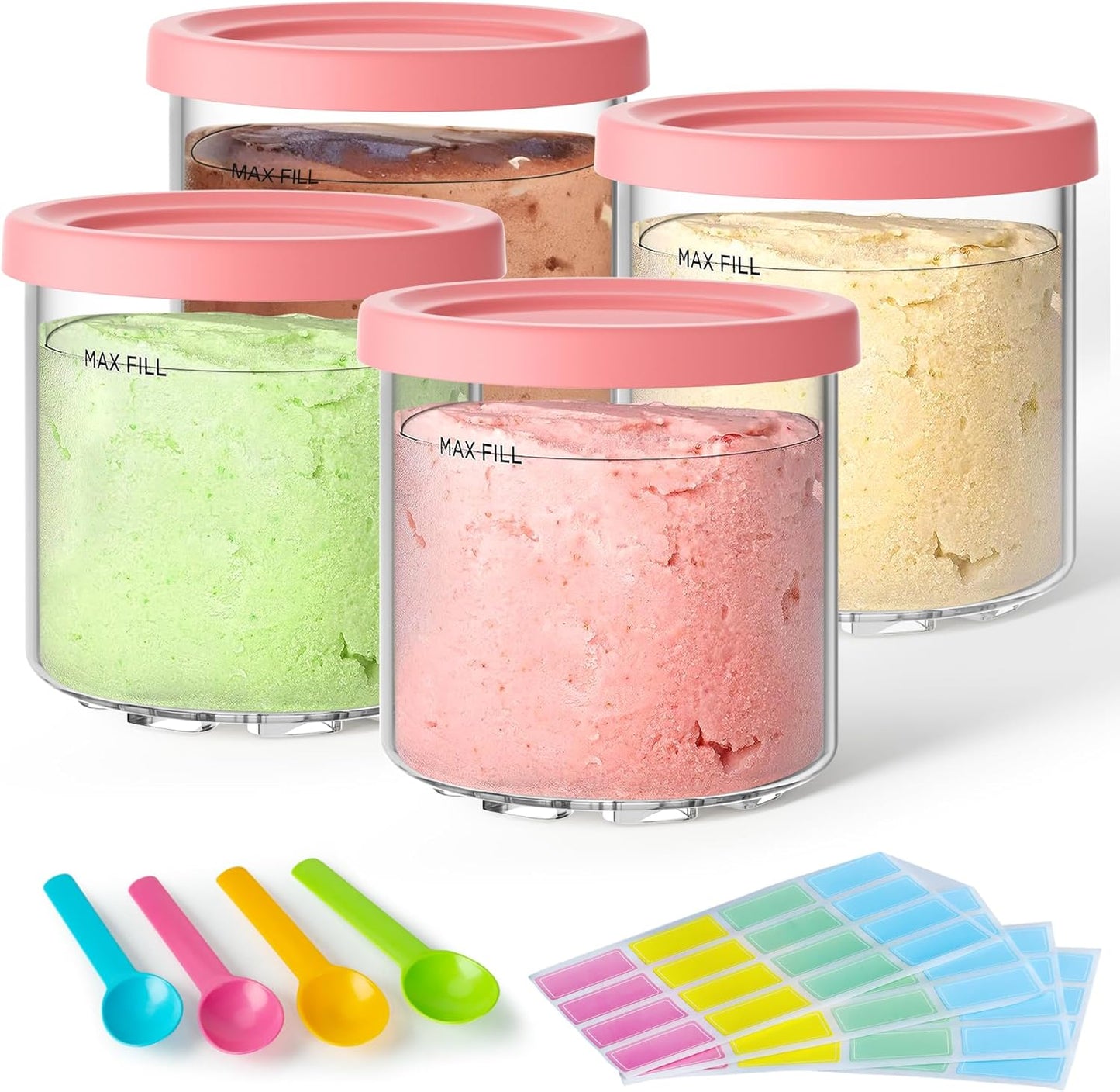 4 Pack Creami Pint Containers and Lids for Ninja with 4 spoons and writable labels, Compatible with Ninja NC299 NC300 NC301 Series Creami Maker Machine Accessories, BPA Free & Dishwasher Safe, Pink