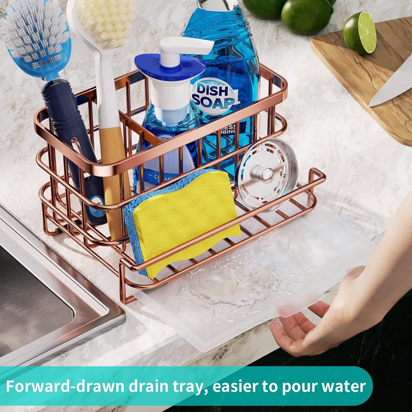 HapiRm Multifunctional Kitchen Sink Organizer, Large Sink Caddy with Drain Tray, SUS304 Stainless Steel Rustproof Sponge Holder for Kitchen Countertop - Rose Gold