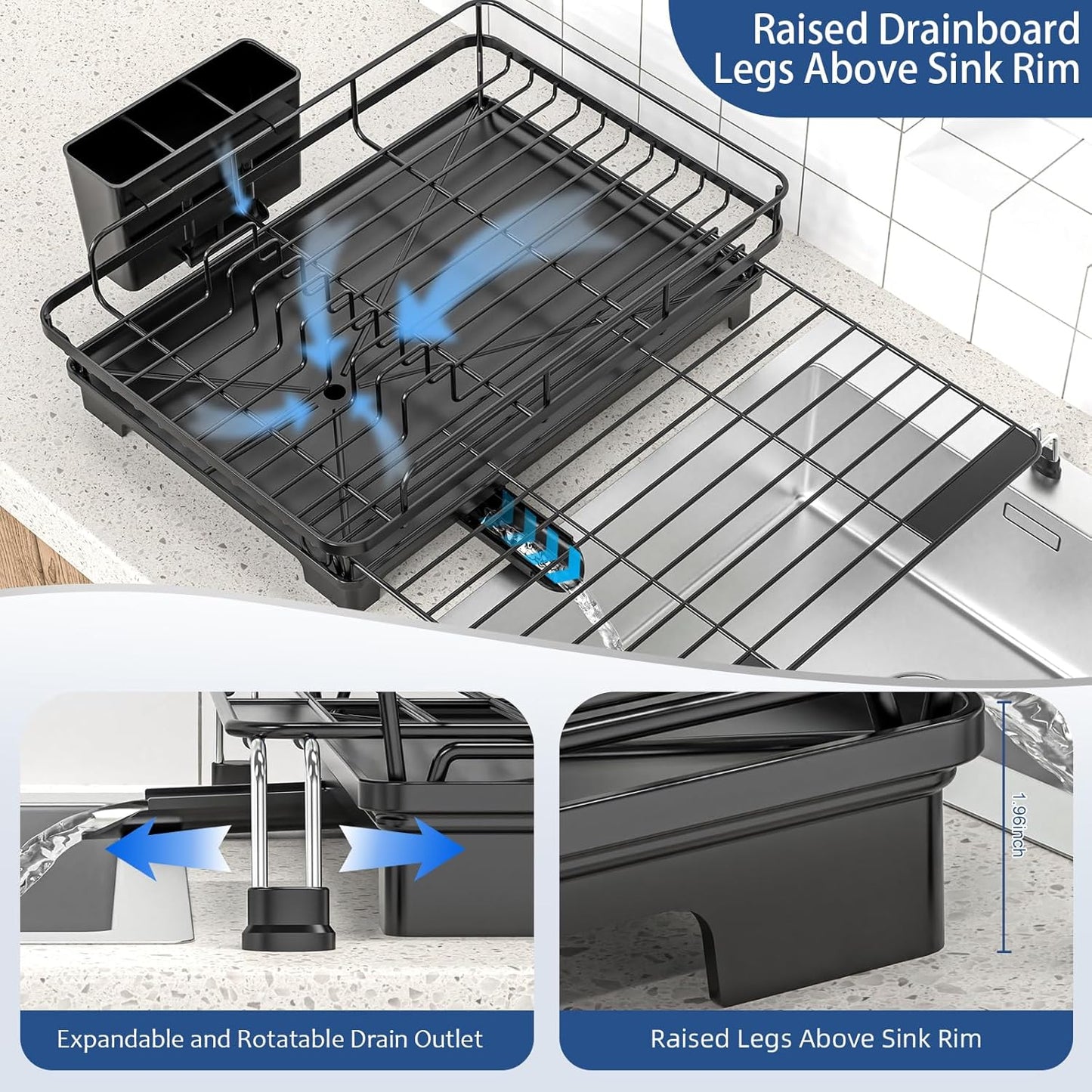 Extendable Dish Racks 16.3"-21.6" L x 16.7" W,Stainless Steel Dish Drying Rack for Kitchien Counter, Anti-Rust Dish Strainer with Cutlery Holder