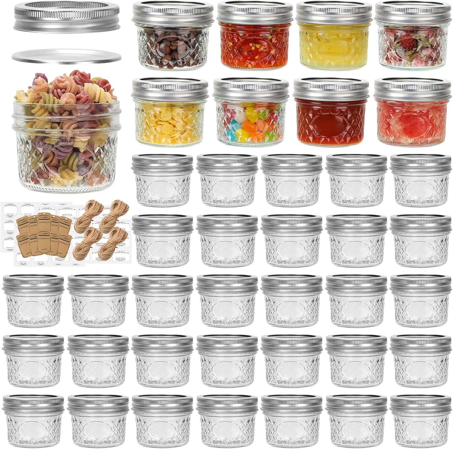 Eathtek 4 oz Mason Jars 40 Pack, 120ml Mini Canning Jars with Regular Lids for Jelly Herbs Spice Honey Storage, Small Glass Jars Candle jars, Extra Tags Label Included