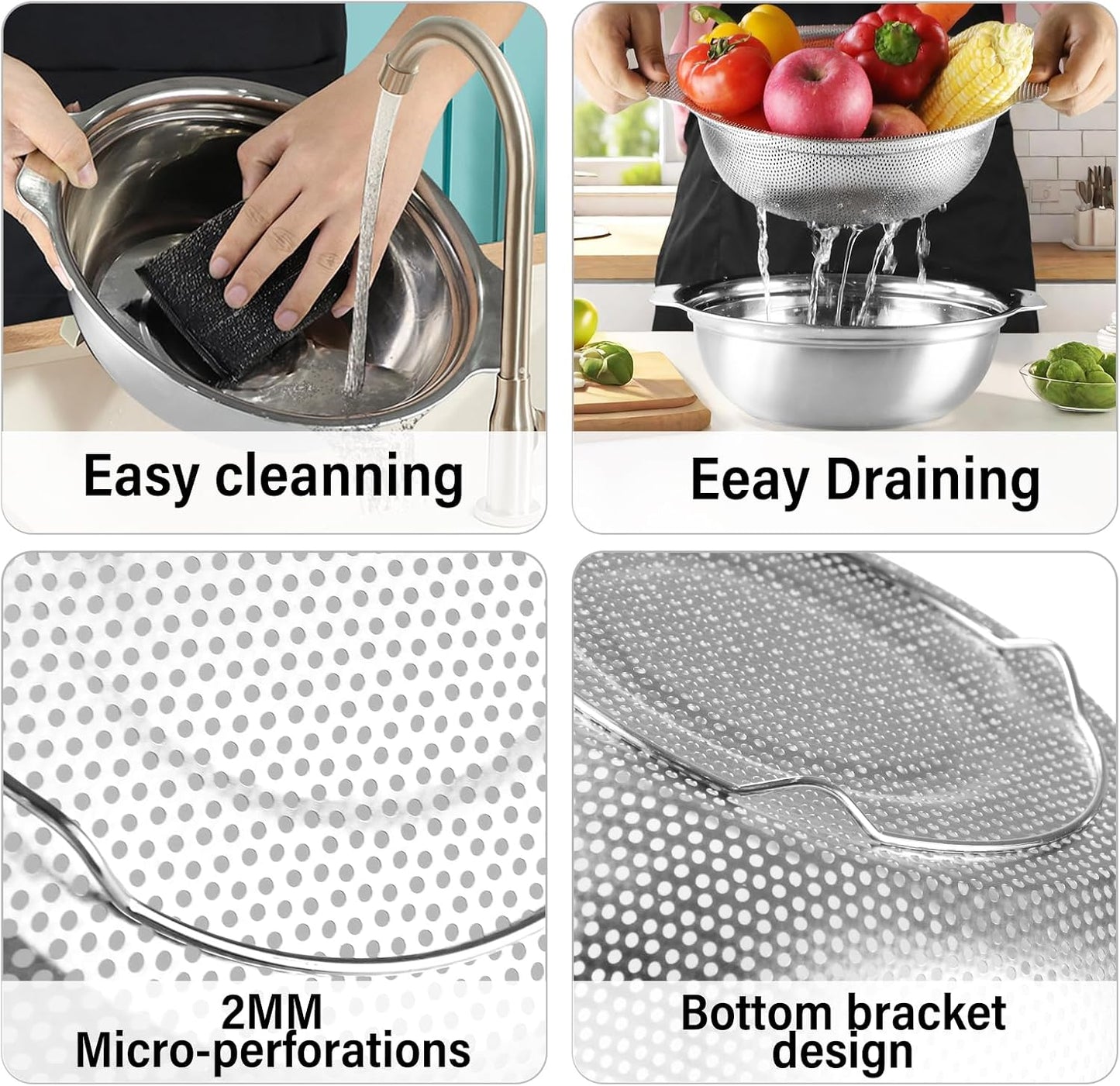 Stainless Steel Colander, 4.5QT Large Capacity with Mixing Bowl, Rice Washing Bowl with Strainer for Washing Vegetables, Fruit, Spaghetti, Pasta Strainer, Dishwasher Safe(2PC)