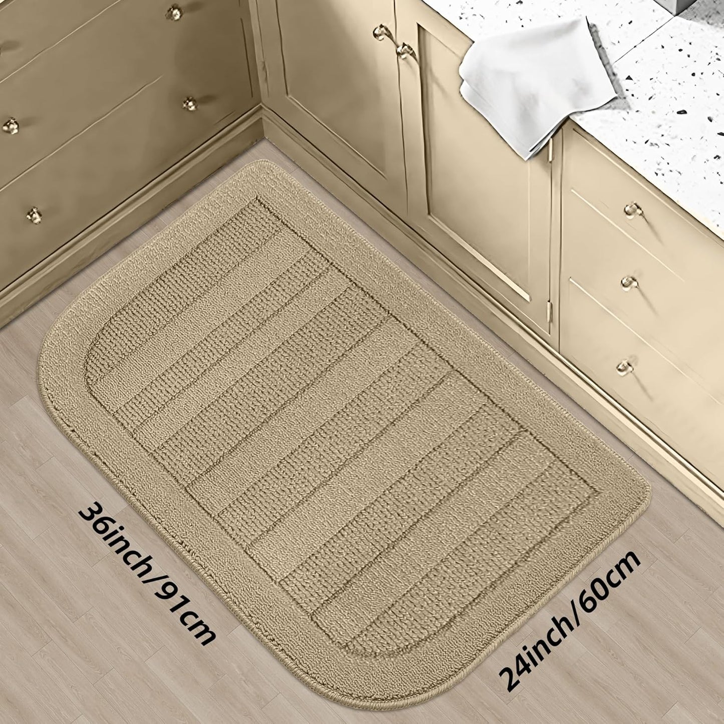 BEQHAUSE 24x36 Inch Kitchen Rug Mat Durable Kitchen Rugs Non-Slip Washable Absorbent Kitchen Mats for Floor Dirt-Resistant Semicircular Kitchen Mat (Beige)