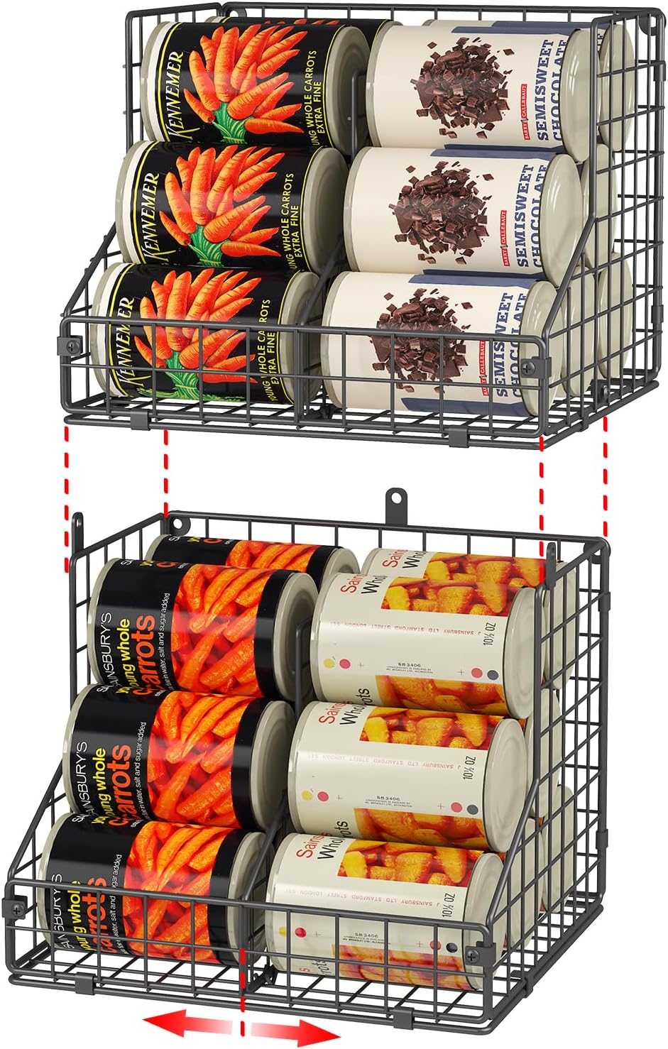 Stackable Can Organizer for Pantry with 2 Adjustable Dividers, Soda Can Organizer, Can Storage Dispenser Holds up to 28 Cans, 2 tier Metal Wire Baskets Can Holder for Kitchen Cabinet Pantry, Black