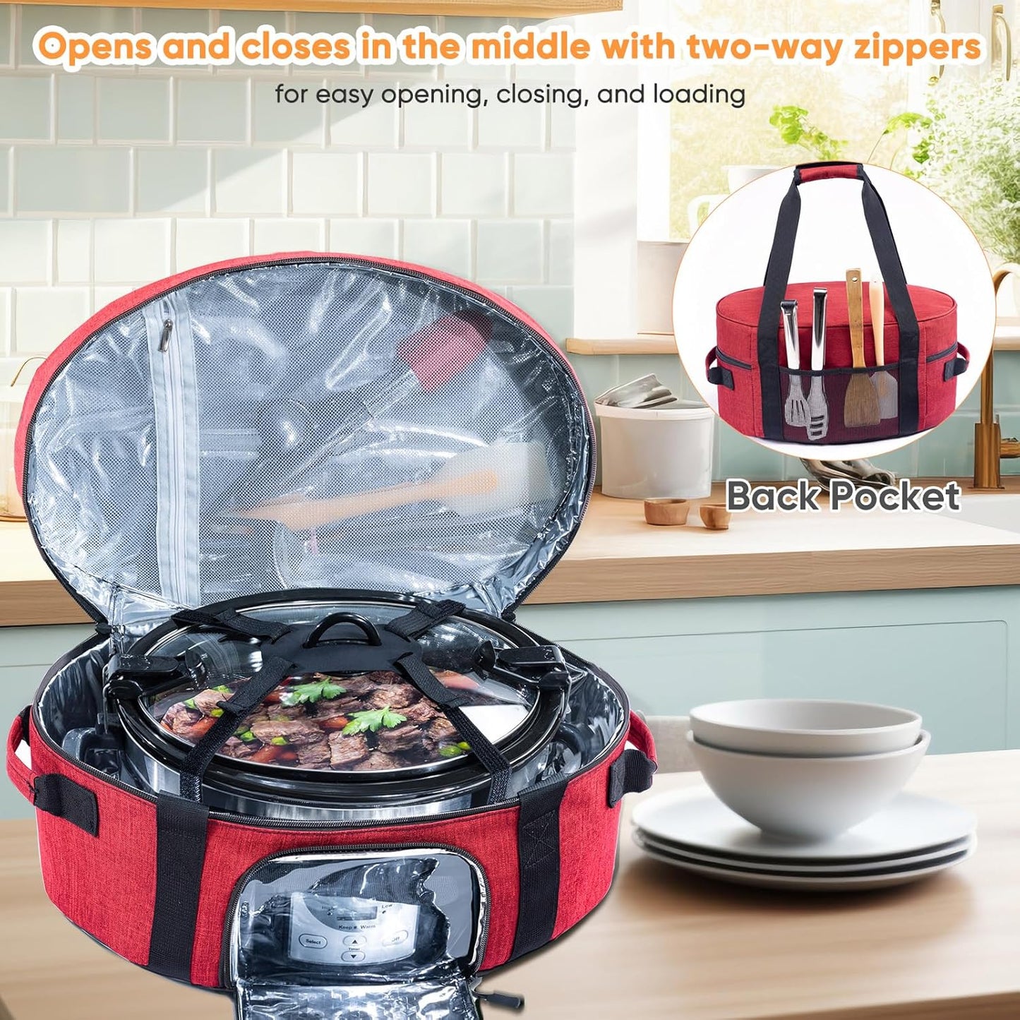 Insulated Slow Cooker Carrying Bag for 6-8 Quart CrockPot and Hamilton Beach Slow Cooker with See-thought Window, Portable Carrier Case with Adjustable Band and Accessory Pocket