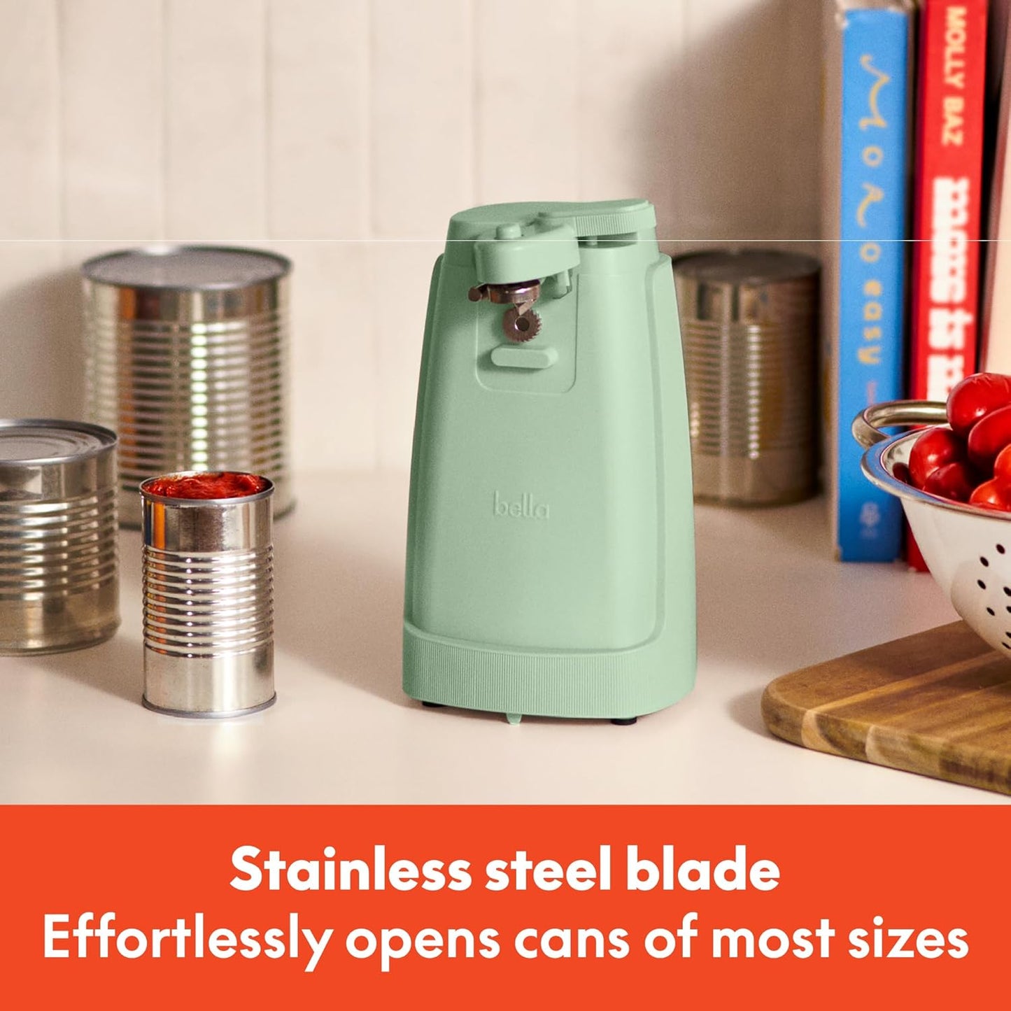 bella Electric Can Opener and Knife Sharpener, Multifunctional Jar and Bottle Opener with Removable Cutting Lever and Cord Storage, Stainless Steel Blade, Seaglass