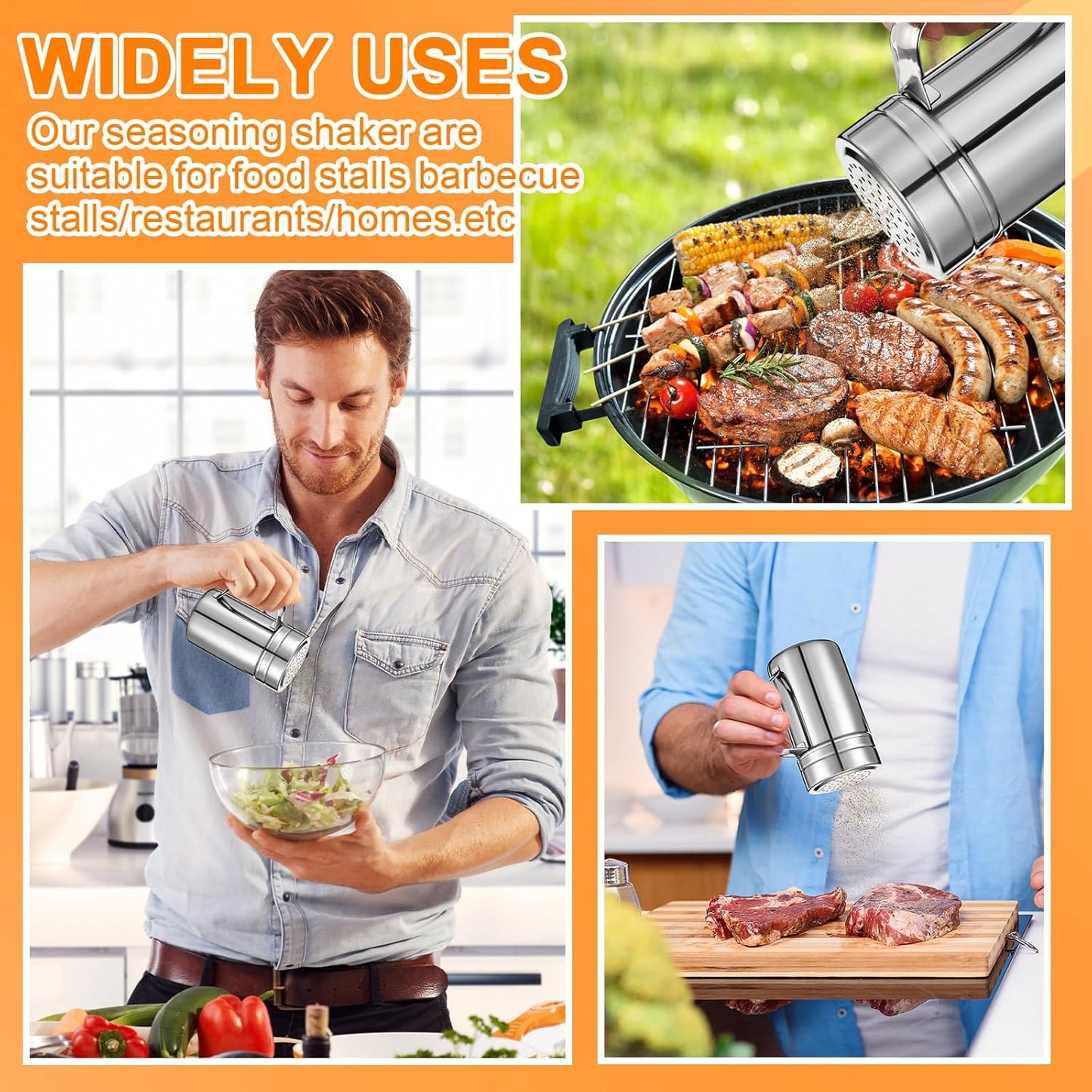 Lallisa 4 Pcs Stainless Steel Salt and Pepper Shakers with Lid and Handle Dredge Spice Seasoning Condiment Popcorn Salt Shaker Powder Sugar Flour for Cooking Kitchen Baking (14oz)