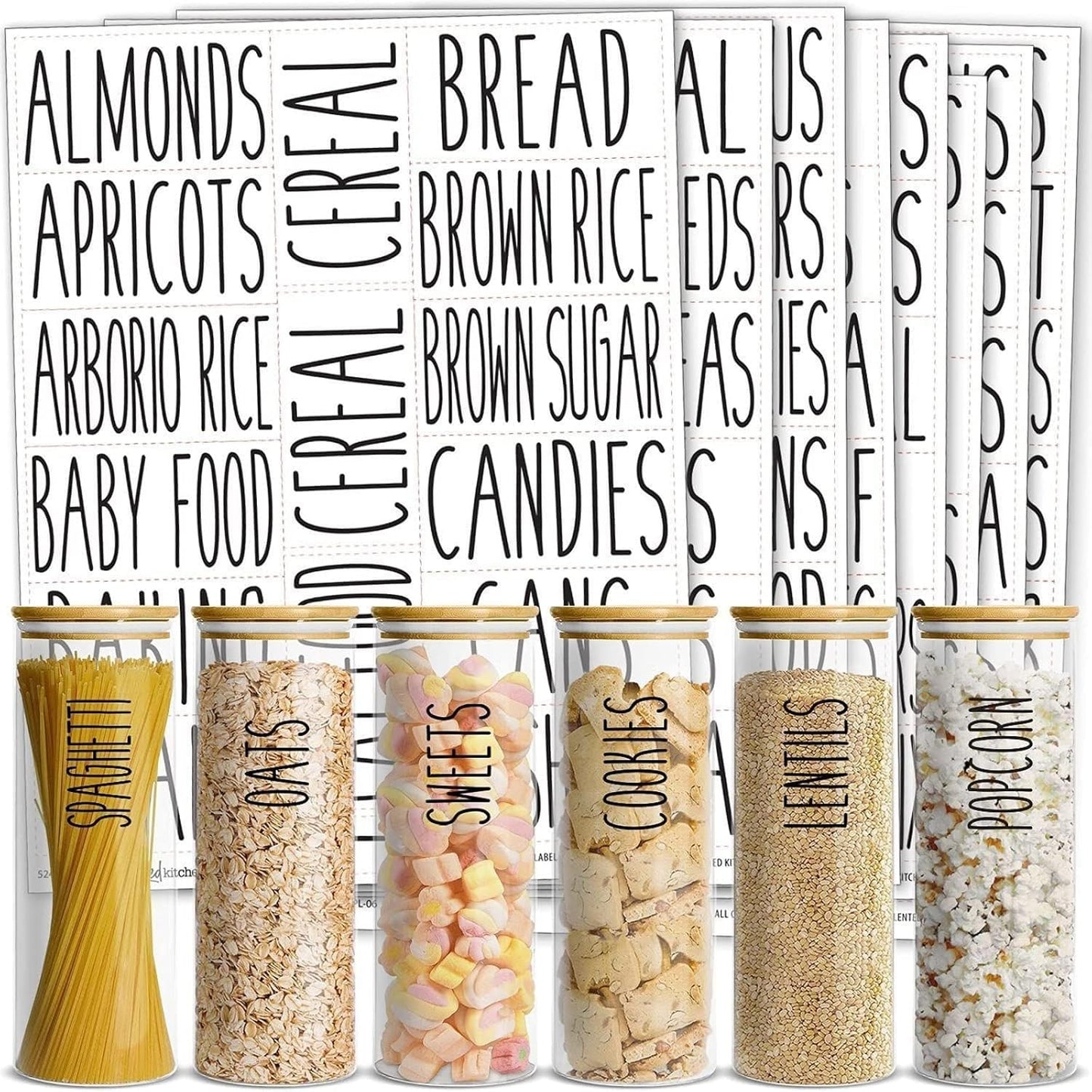 Talented Kitchen 136 Kitchen Sticker Labels for Food Containers - Varied Sizes, Black Text on Clear Background - Waterproof Labels for Jars & Storage