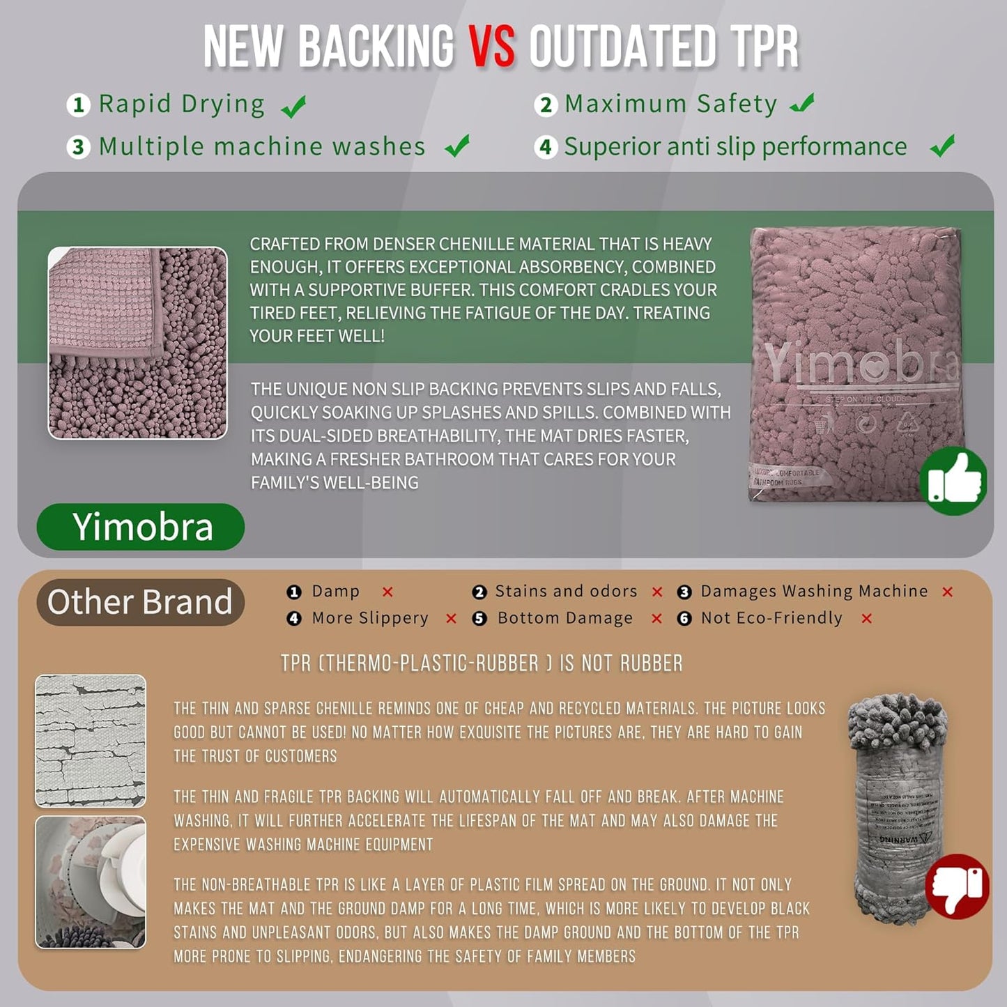 Yimobra Long Bathroom Rugs Non Slip Washable 44x24 Inch - Ultra Soft Absorbent Chenille Bath Mat, Quick Dry Shaggy Floor Carpet for Tub Shower, Mauve Home Decor Accessories