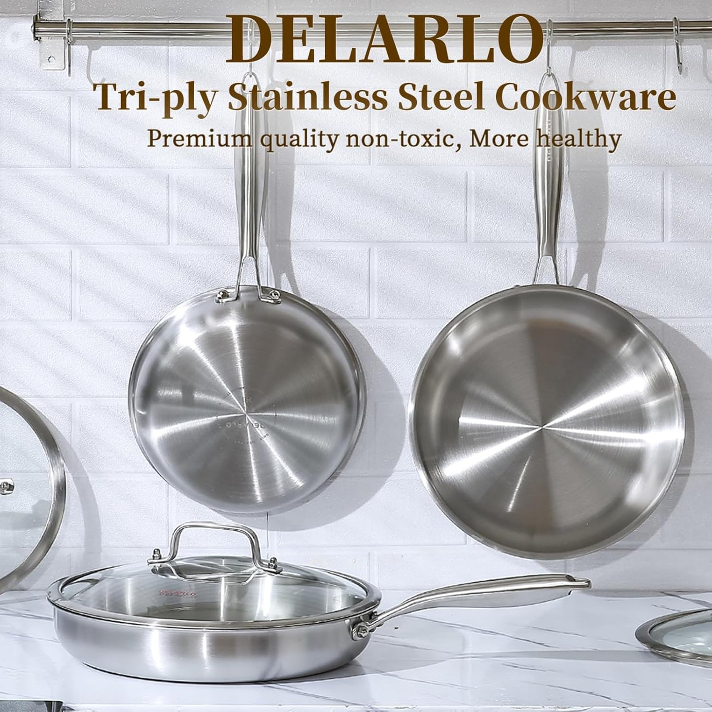DELARLO Tri-Ply Stainless Steel 10inch and 12inch Frying Pan, Oven safe induction skillet,pots and pans set,Suitable for All Stove (Detachable Handle)