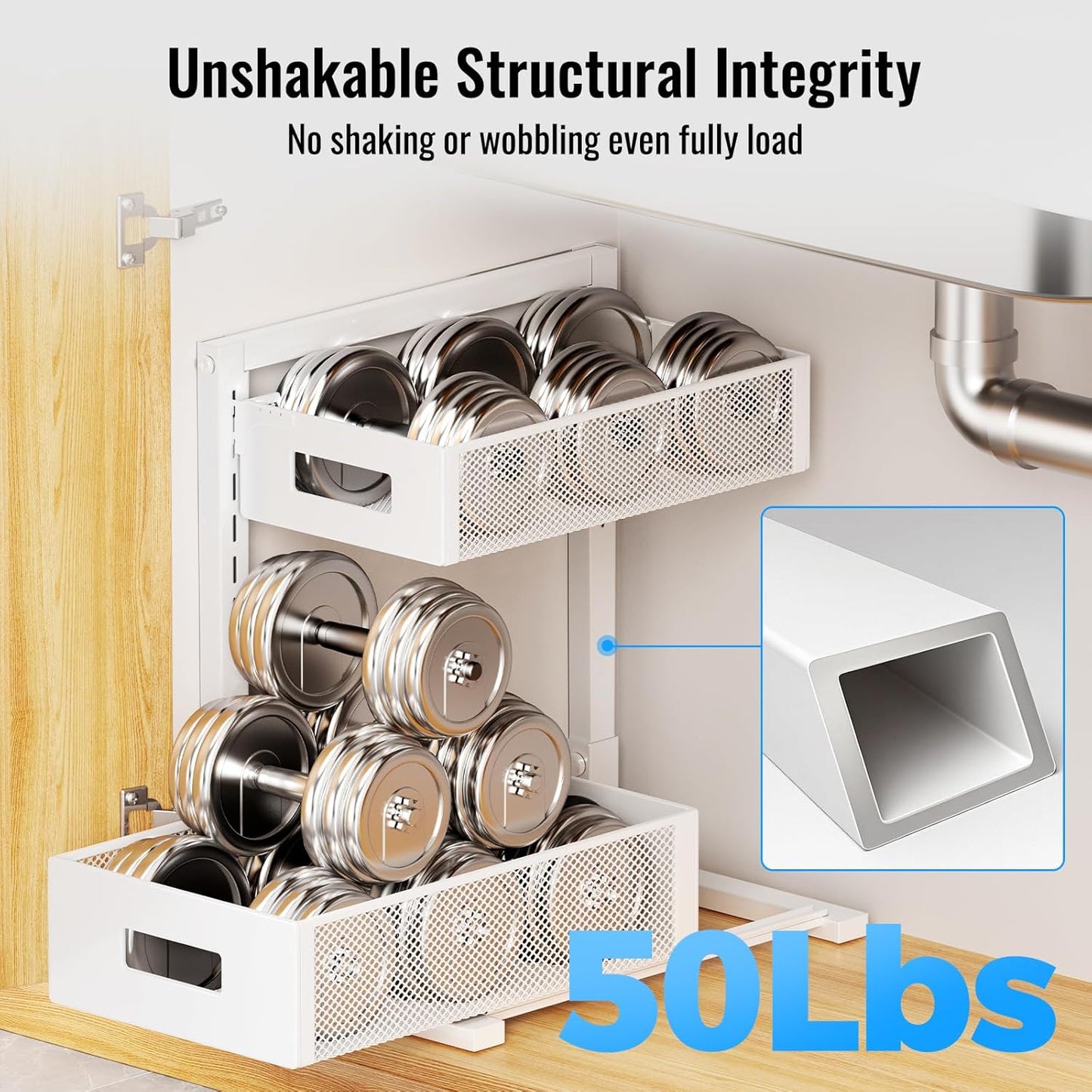 Full Metal Under Sink Organizer 2-Tier, Pull Out Cabinet Organizers and Storage, Silk-Smooth Sliding Drawer for Kitchen, Bathroom, Pantry, Cabinet, Closet (White, 2 Pack)