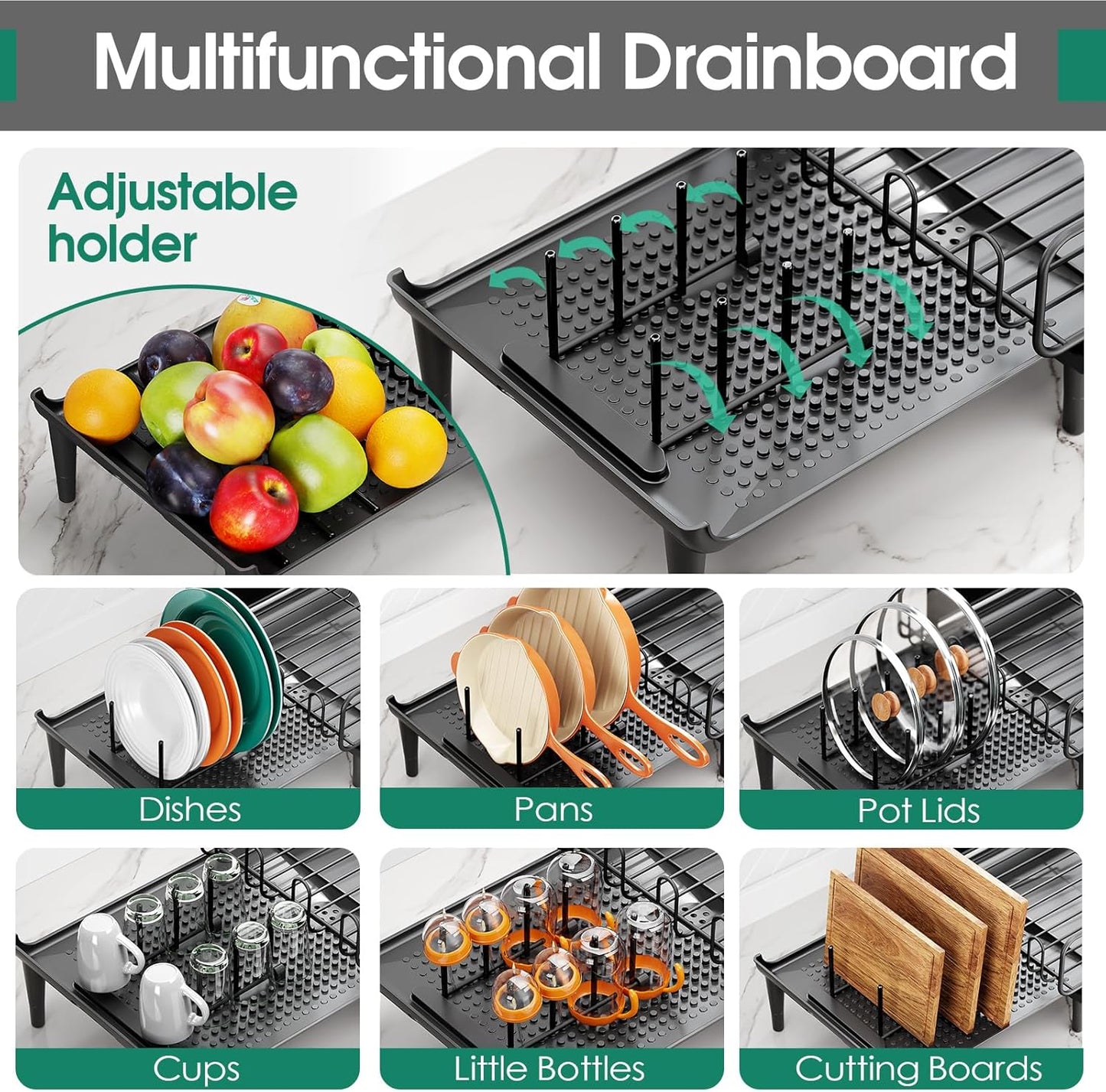 Extendable Dish Drying Rack for Kitchen Counter, Large Expandable Dish Rack with Multifunctional Drainboard for Pan Pot, Collapsible dish drainer, Foldable Plate Strainer for Home Countertop Storage