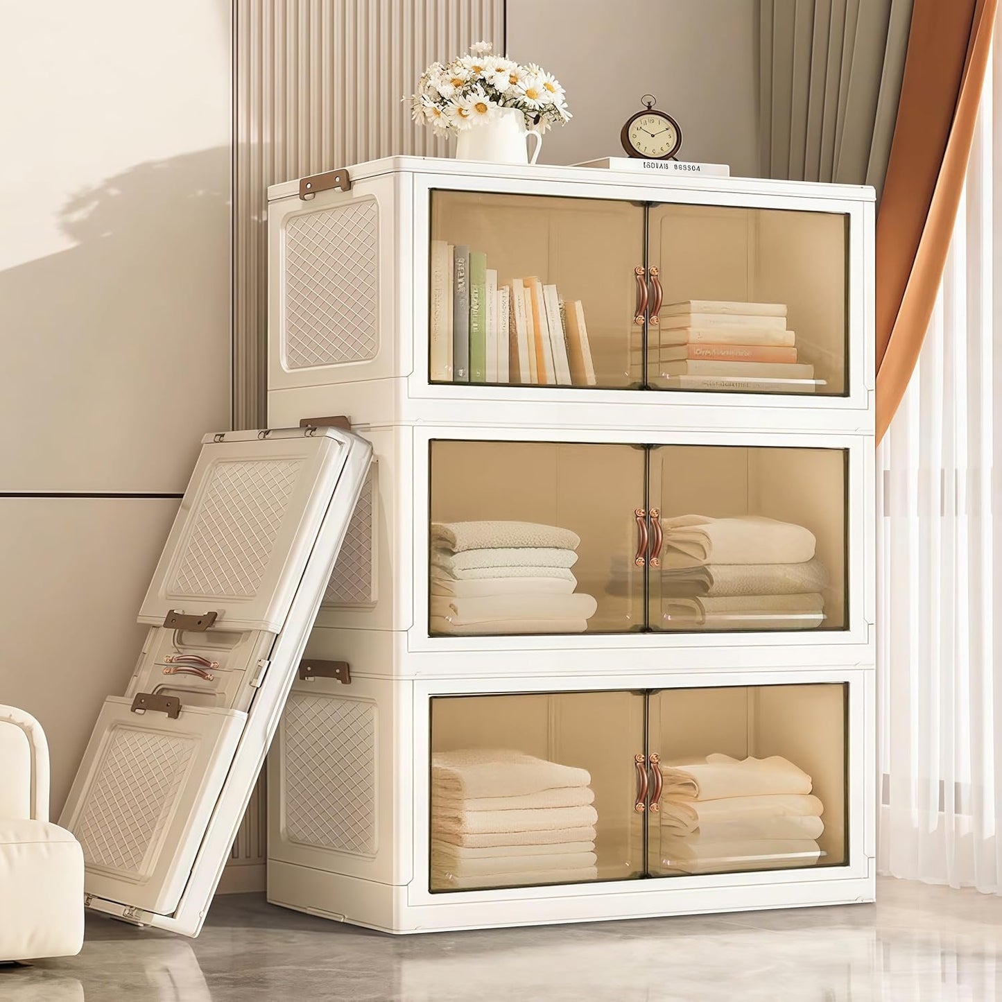 YUFER 3 Tier Box Plastic Stackable Folding Storage Bins with Lids and Doors,360/480 QT Open Front Storage Bins Organizers for Bedroom Clothes - 1 Box 120 QT White