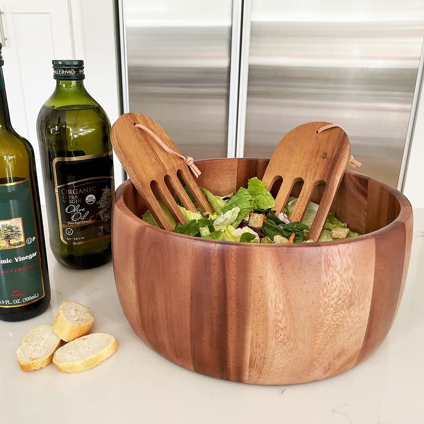 Woodard & Charles Acaica Wood 12" x 5" Serving Bowl Set with Serving Hands, 3 Piece Set ★★PACK OF 4★★