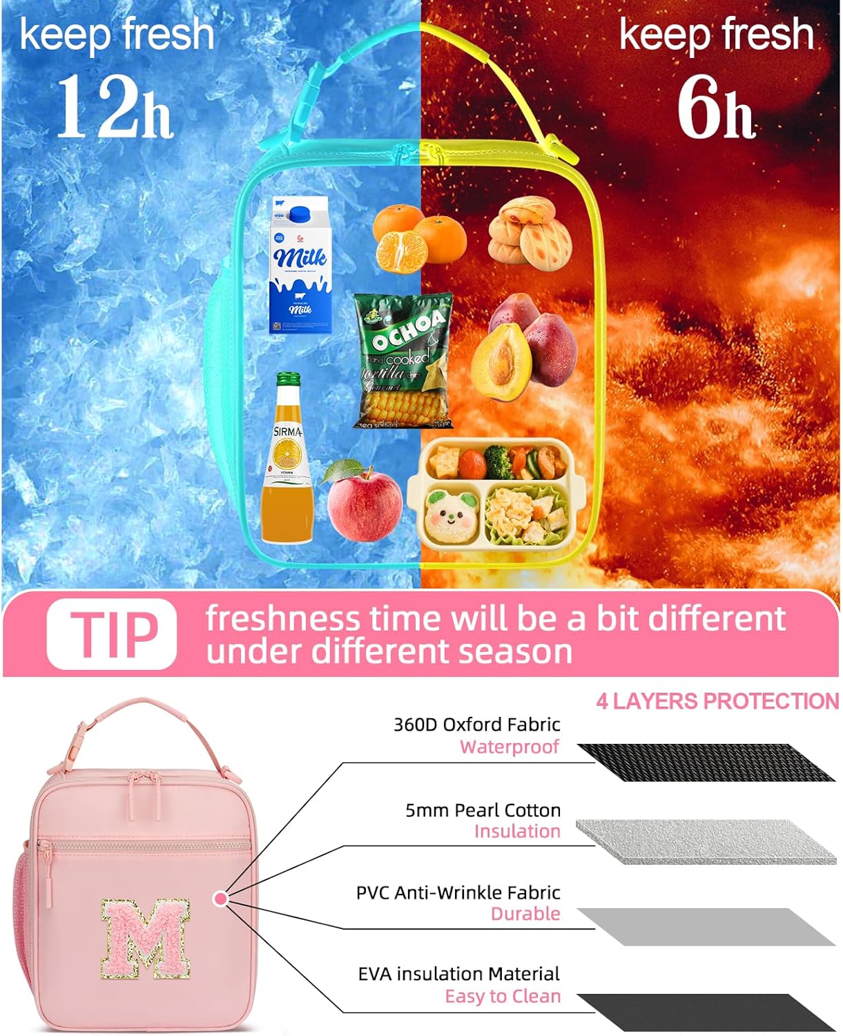 Initial Insulated Lunch Bag for Girls Kids, Back to School Gift, Reusable Leak-proof Lunch Box with Adjustable Strap for School Daycare Travel Picnic (Pink,M)