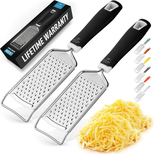 Zulay Kitchen Professional Cheese Grater Stainless Steel - Durable Rust-Proof Metal Lemon Zester Grater With Handle - Flat Handheld Shredder for Parmesan, Chocolate, Spices, And More - 2 Pack - Black