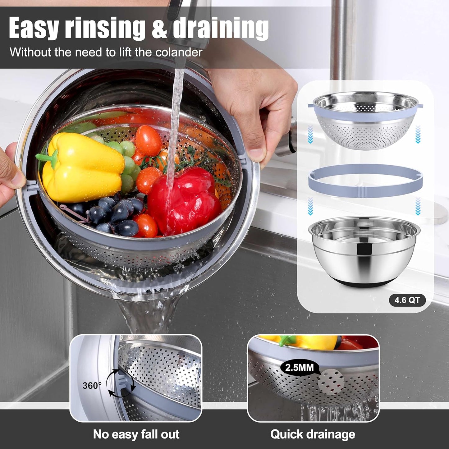 E-far Mixing Bowls with Lids Set, 15PCS Stainless Steel Mixing Nesting Bowl with Colander & 3 Metal Grater for Kitchen Prep/Baking/Storage, Non-Slip Bottom & Airtight Lid, 4.6, 3, 1.5, 1, 0.7QT, Black