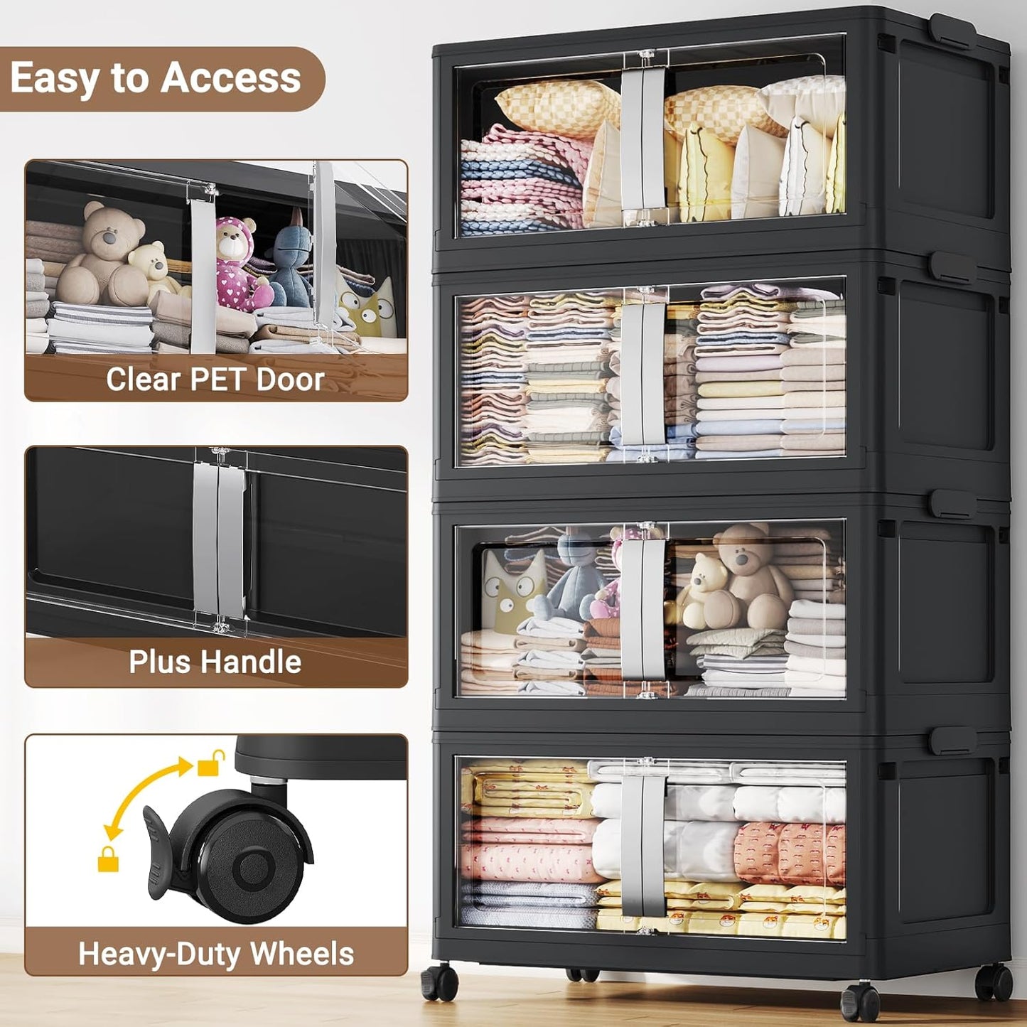 480QT Stackable Storage Bins with Lids, 120Gal Extra Large Collapsible Storage Box with Wheel, Plastic Storages with Clear Door Open Front for Home Bedroom Garage, Black-3pack(3 lids)