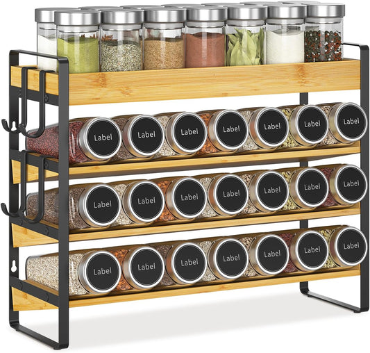 EsLuker.ly Spice Seasoning Rack Organizer Kitchen Countertop, 4 Tier Bamboo Spice Shelf Holder Storage with 4 Hooks, Wall Mounted Freestanding Stand for Pantry, Quick Spice Access(Jars Not Included)