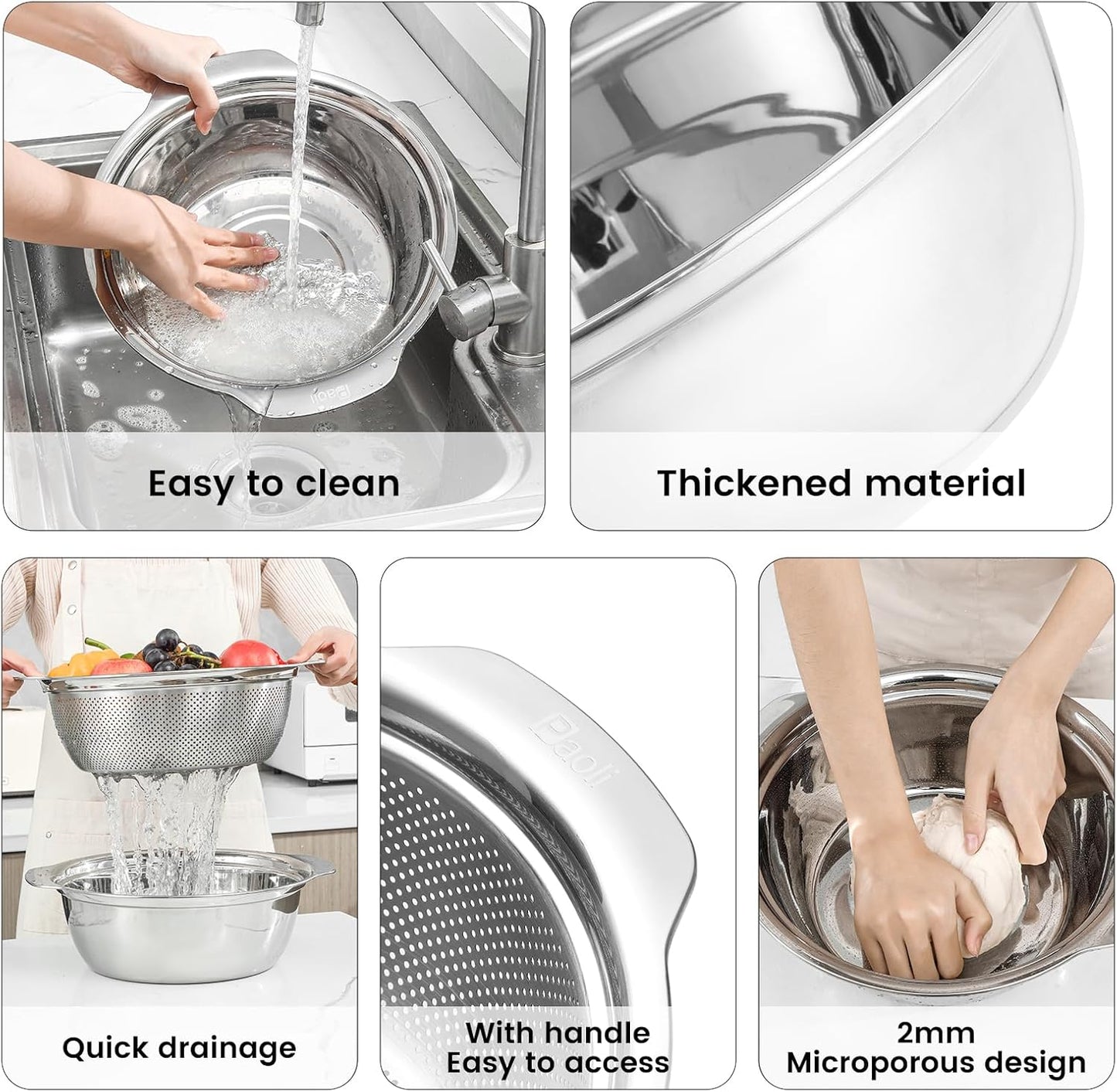 304 Stainless Steel Microporous Colander with Handle, Rice Washers Microporous Strainer Set For washing vegetables, fruits and rice, and draining cooked pasta(5QT with handle-Gold)