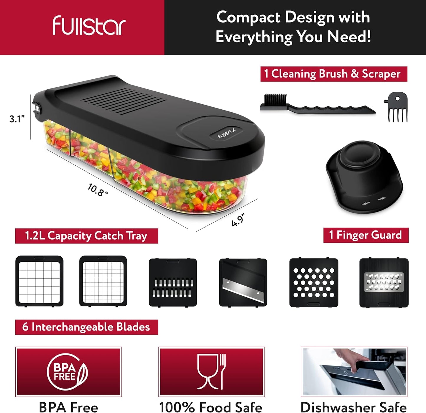 Fullstar Mandoline Slicer for Kitchen - Vegetable Chopper, Onion Potato Food Veggie Fruit Slicer and Cutter with Container, Kitchen Gadgets & Accessories, Home Essentials (6-in-1, Black)