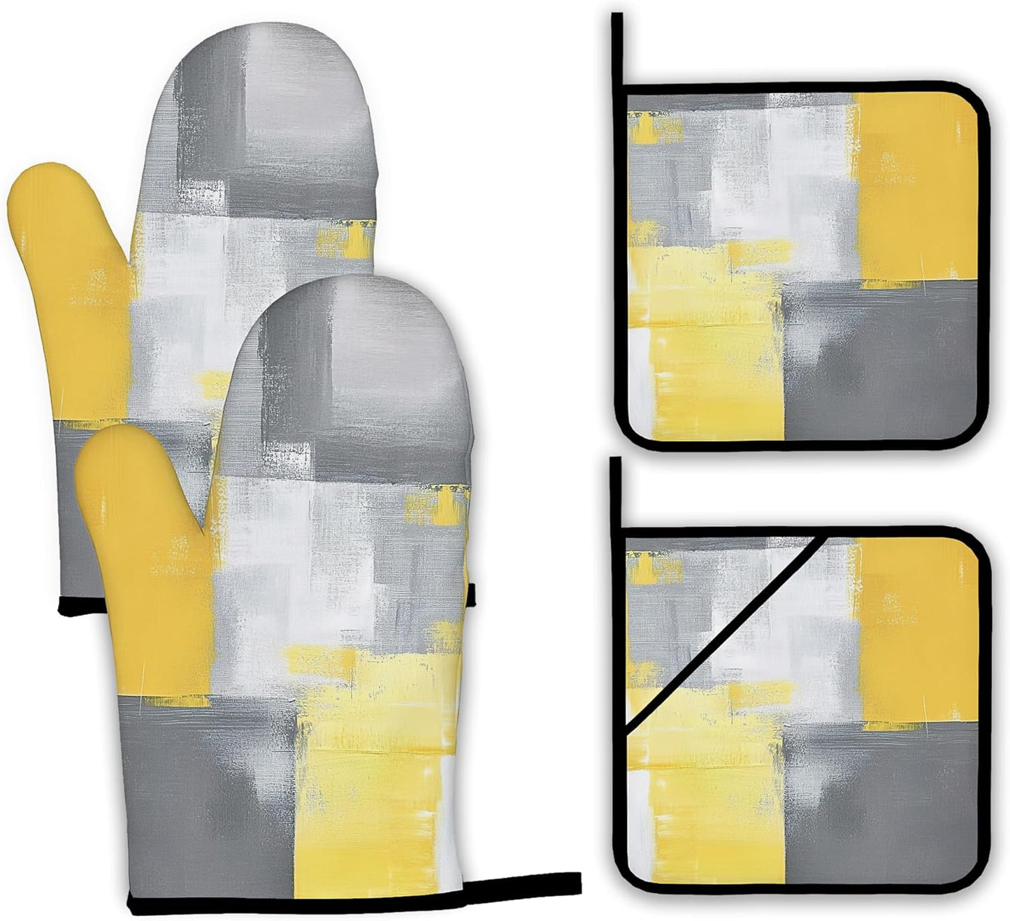 Yellow Gray Modern Art Oven Mitts and Pot Holders,Heat Resistant Oven Mitts Gloves and Pot Holder for Home Kitchen Decorations Cooking Baking BBQ Gifts,Set of 4