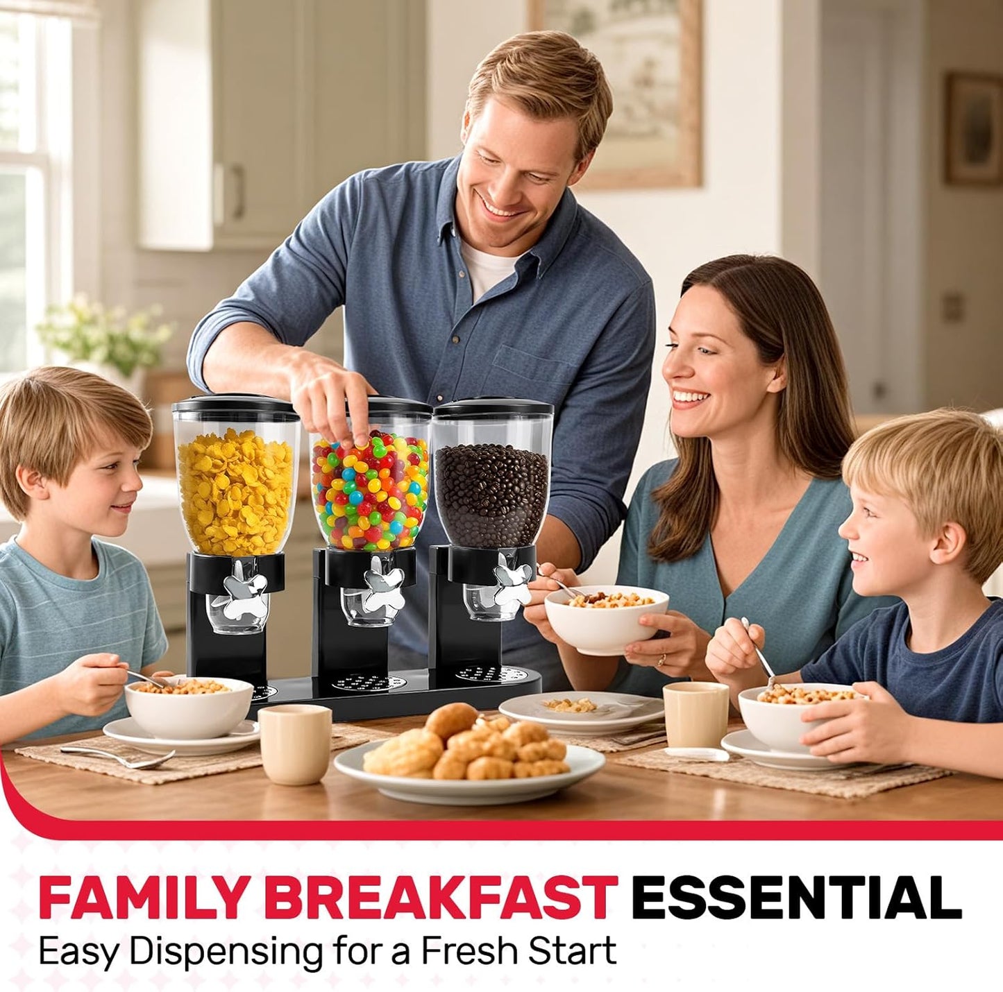 Triple Cereal Dispenser Countertop - 3 Pack 2L Large Cereal Containers Storage Airtight, Rotating Black Plastic Dry Food Dispenser for Cereal, Rice, Grains, Candy, Coffee Beans