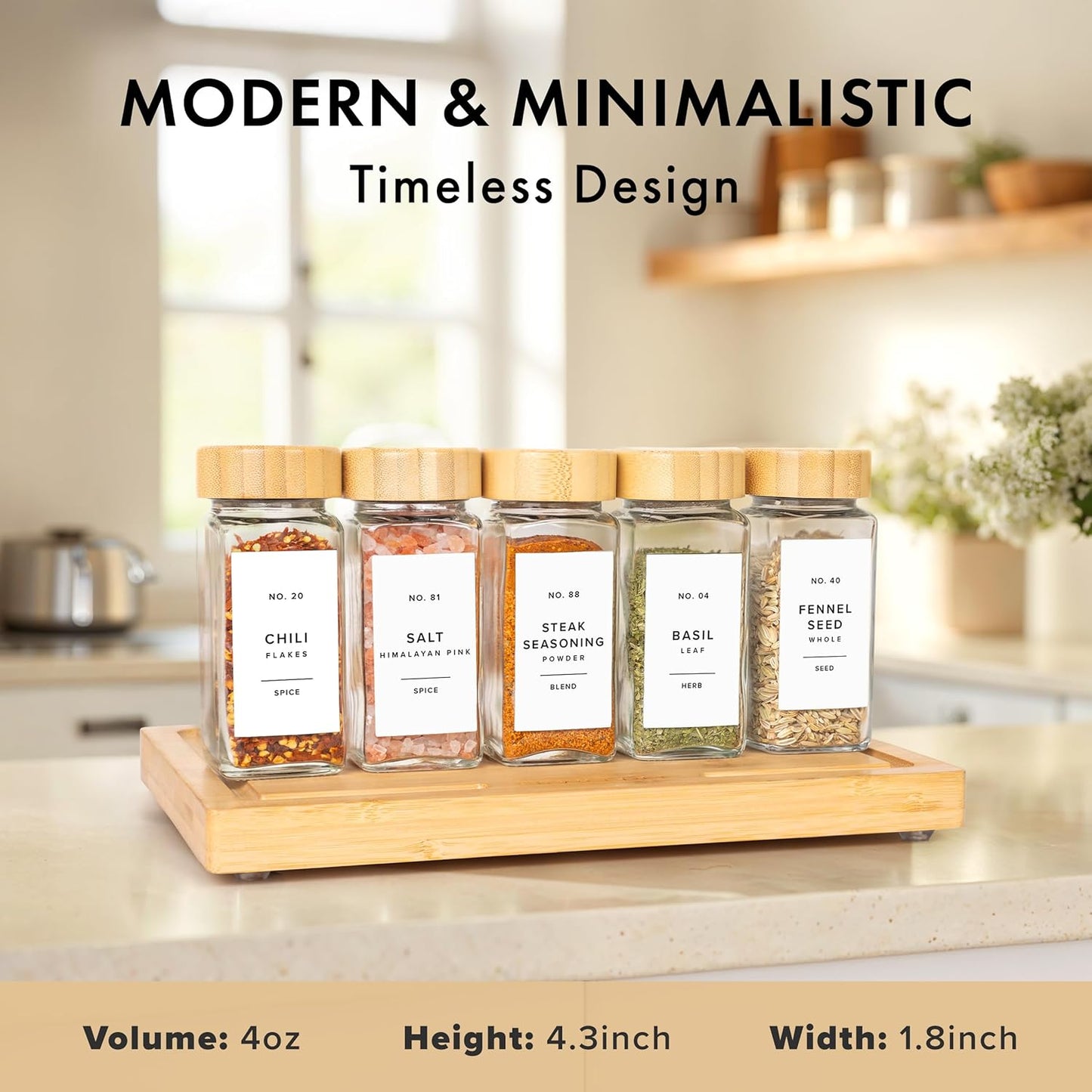 Square Spice Jars with Bamboo Wooden Lid (Pack of 24) Spice Jars with Shaker Insert and 240 Labels - Bamboo Lid Glass Container for Spice Organisation [4.3 in × 1.8 in]