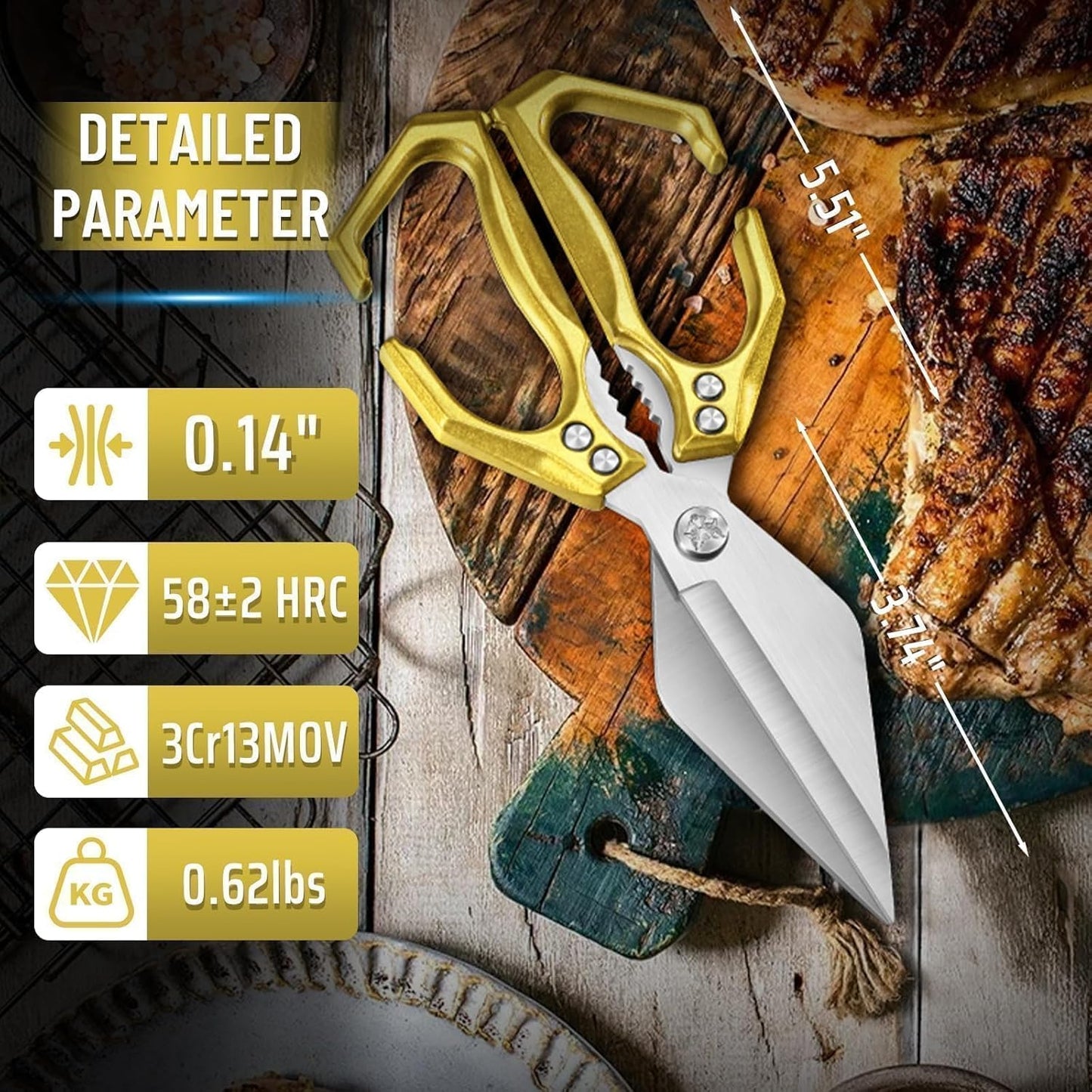 Dream Reach Heavy Duty Poultry Shears Kitchen Scissors for Food with Ergonomic Handle, Japanese High-Carbon Steel Cooking Scissors for Kitchen, Chicken, Meat, Seafood, Bone Cutting (Gold)