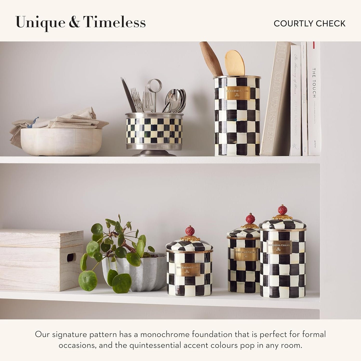 MACKENZIE-CHILDS Enamel Utensil Holder, Kitchen Utensil Holder for Countertop, Storage Caddy, Black-and-White Courtly Check