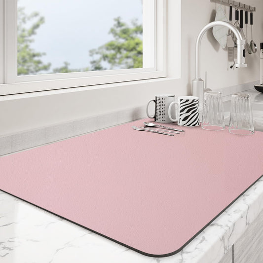 Dish Drying Mat for Kitchen Counter | Coffee Bar Mat for Countertops | Heat Resistant Drainer Mat with Non-slip Rubber Backed | Hide Stain Kitchen Absorbent Draining Mat | Pink 16"x18"