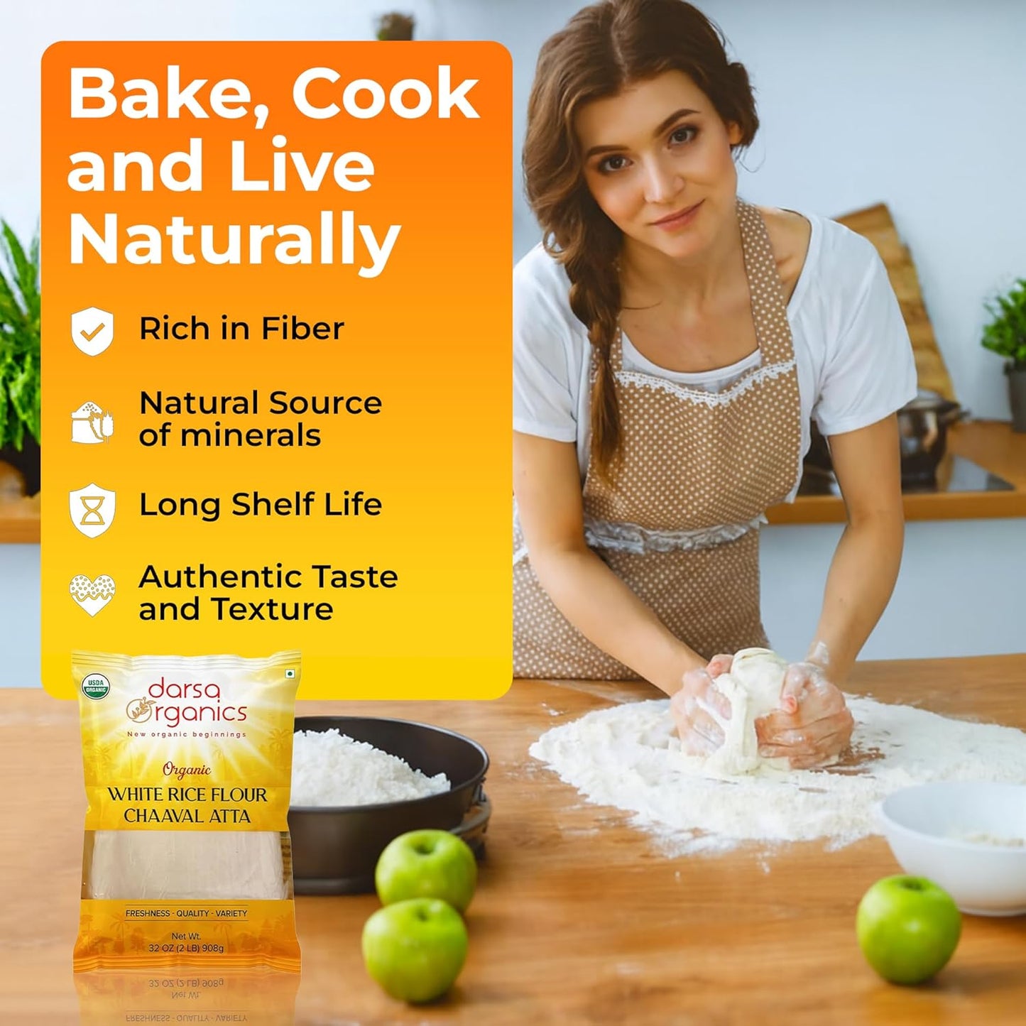 Darsa Organics White Rice Flour - Premium Organic, USDA Certified, Non-GMO, Gluten-Free Rice Powder for Baking & Cooking, Chemical-Free, Long Shelf Life, Food Grade Pouch - 2 lb (908g)