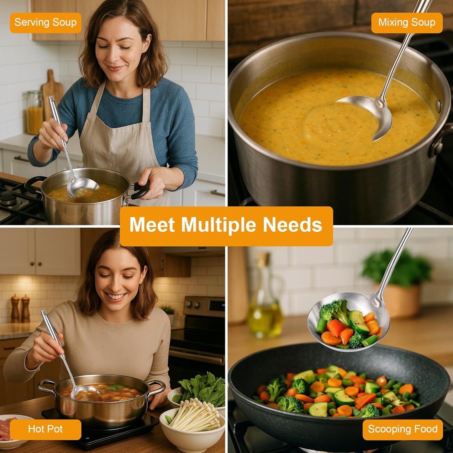 FJNATINH Stainless Steel Soup Ladle, Food Grade Metal Kitchen Utensil Ladle Spoon for Canning Soups Sauces, Easy to Clean, 15 Inches