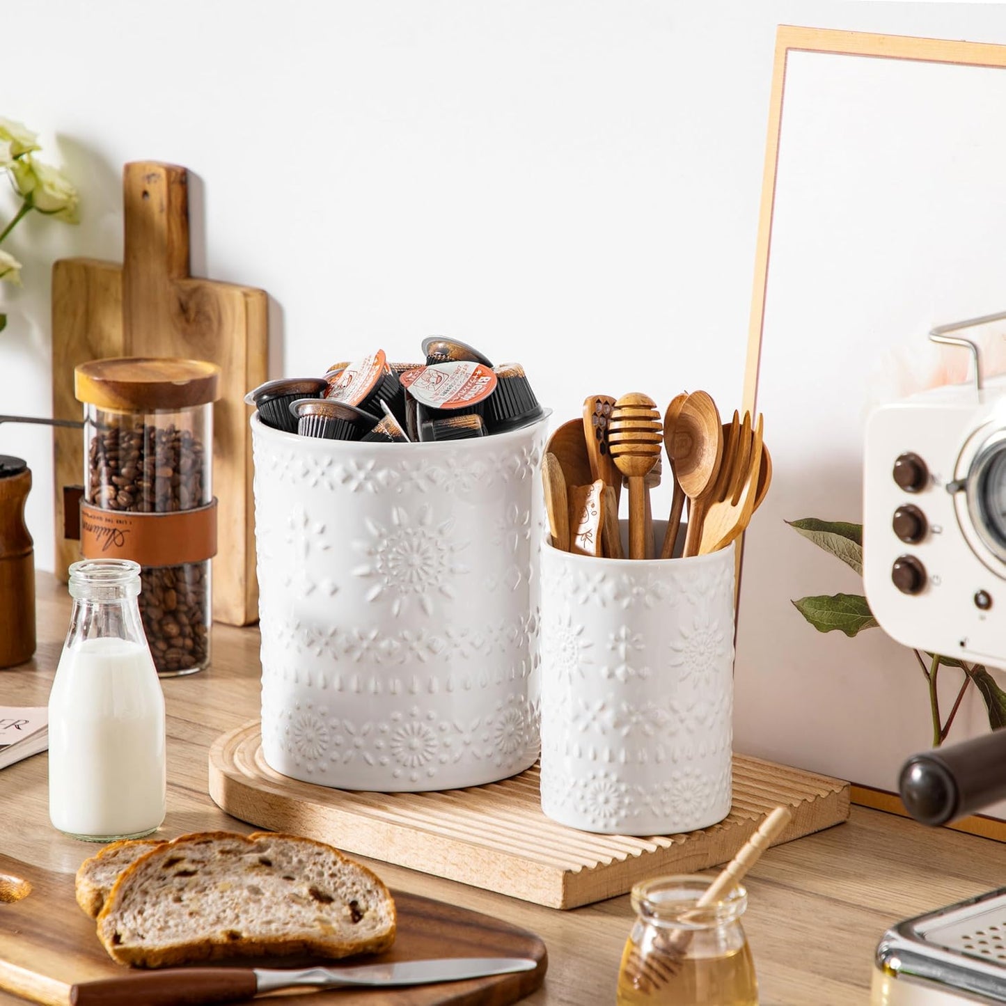 LOVECASA Utensil Holder, 7.2"+5.4" Ceramic Utensil Holder for Countertop, Large Cooking Utensil Crocks for Kitchen Counter, Farmhouse Utensil Vase for Housewarming, Kitchen Decor, Set of 2, Snow