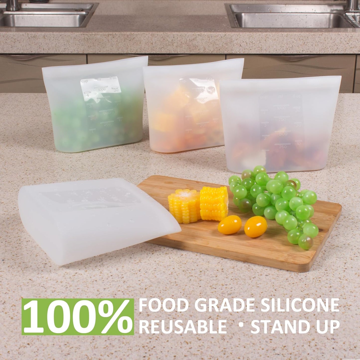 Reusable Silicone Food Storage Bags Quart 4 Pack, Stand Up Ziplock Reusable Freezer Sandwich Bag Containers for Food Travel, Freezer Microwave Oven Dishwasher Safe, Translucent, 33.8fl.oz