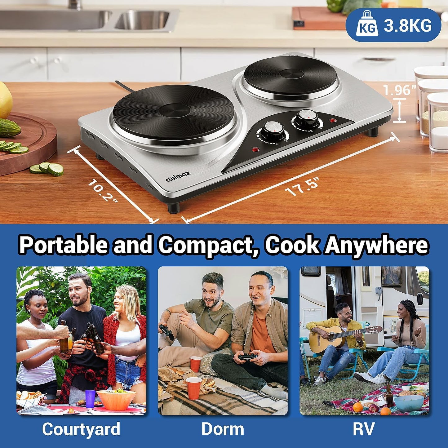 Double Burner, CUSIMAX 1800 Watts Electric Hot Plate for Cooking, Countertop Burner Portable Cast Iron Hot Plates with Dual Adjustable Temperature, Easy to Clean, Sliver